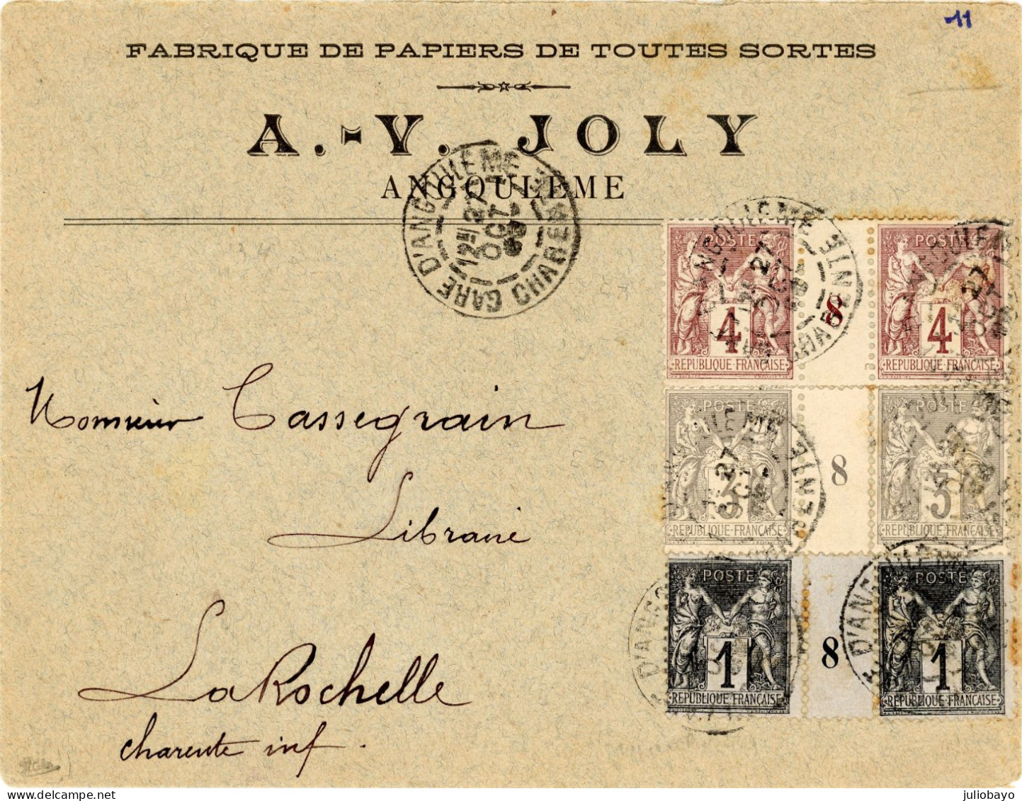27 Octobre 1899 Sages Tri Color Millesime 8 YT N°83,87 Et 88  A.Y.JOLY;gare D Angouleme Vers La Rochelle?signée Calves - 1877-1920: Semi-Moderne