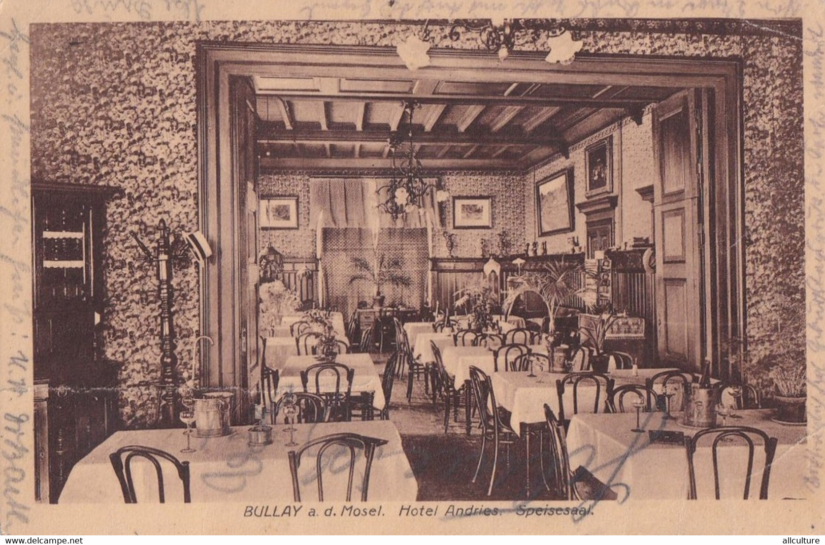 A4080-  Dining Room,Hotel Andries, Bullay An Der Mosel, Deutsche Reich Beethoven Stamp On The Back 1923 Used Postcard - Alf-Bullay