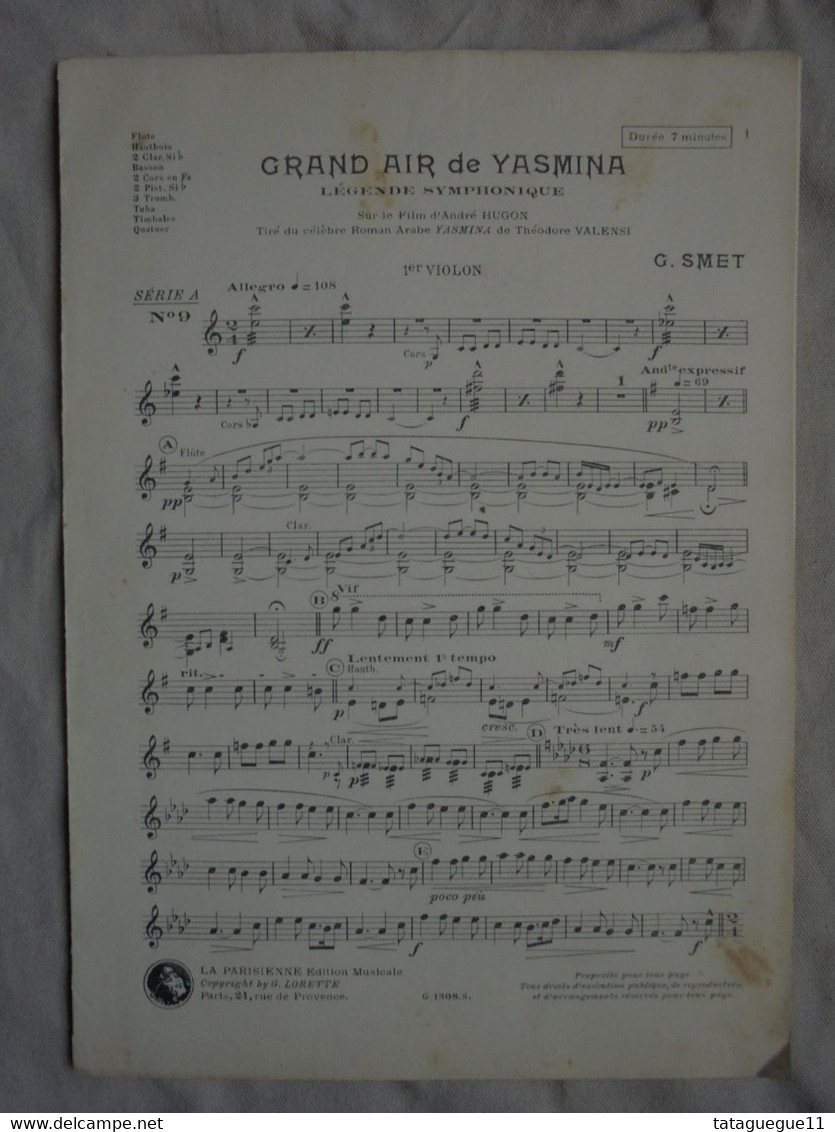 Ancien - Partition Grand Air de Yasmina G. Smet 4 Instruments Années 1900