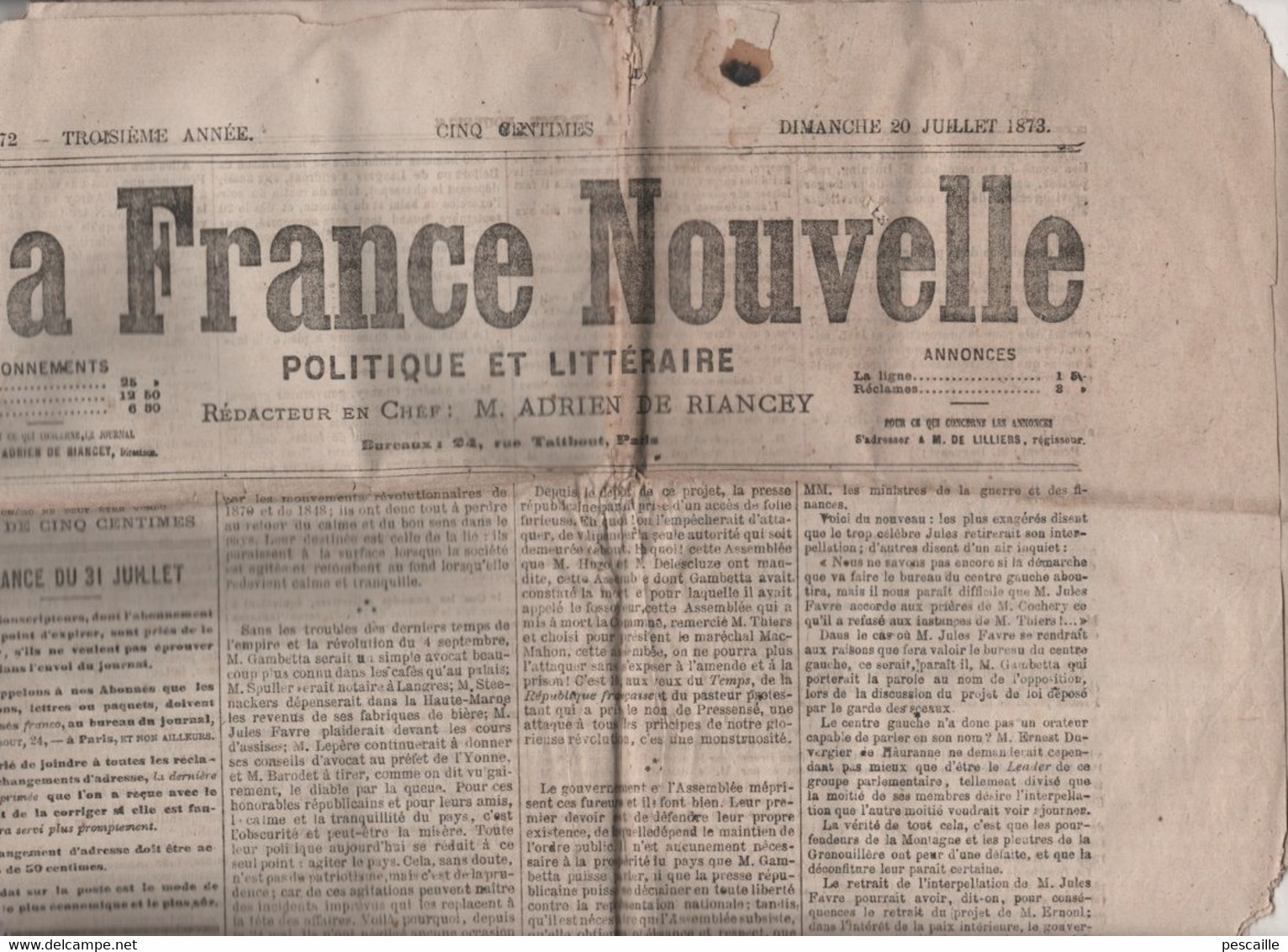LA FRANCE NOUVELLE 20 07 1873 - ASSEMBLEE NATIONALE - BELFORT - ALGERIE - LOURDES - CARLISTES ESPAGNE - SHAH DE PERSE - - 1850 - 1899