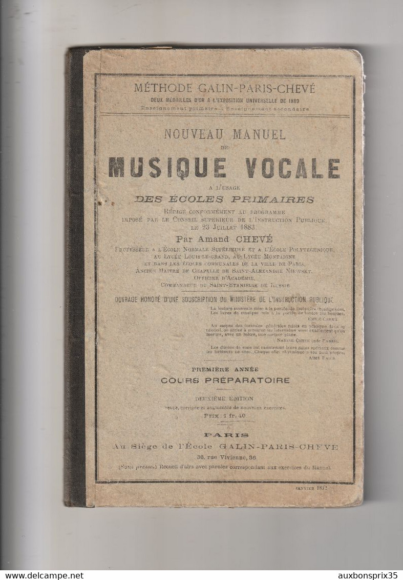 MUSIQUE VOCALE DES ECOLES PRIMAIRES - METHODE GALIN PARIS CHEVE - JANVIER 1892 - 6-12 Anni
