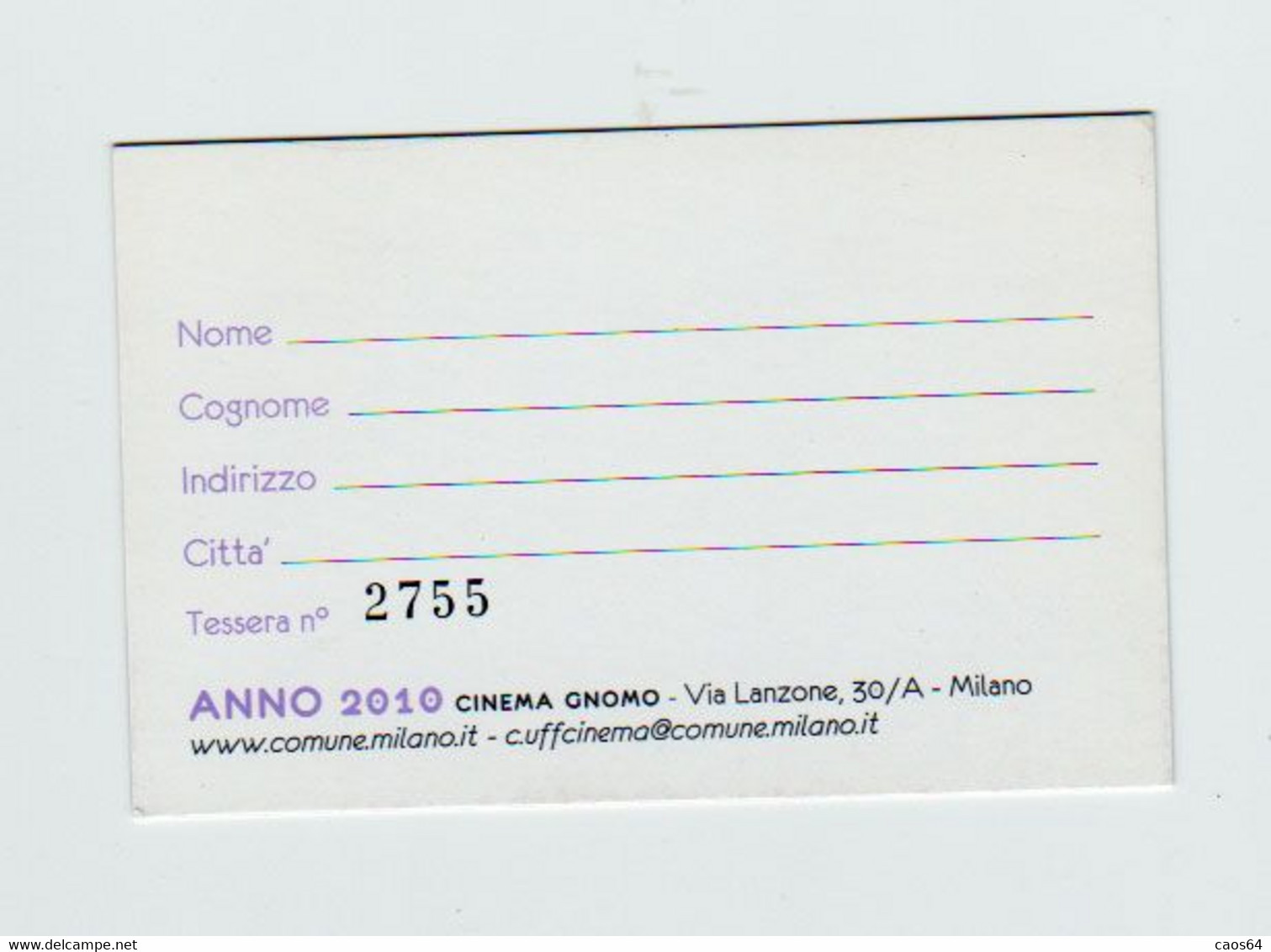 Tessera Milano Cinema Gnomo 2010 - Cartes De Membre