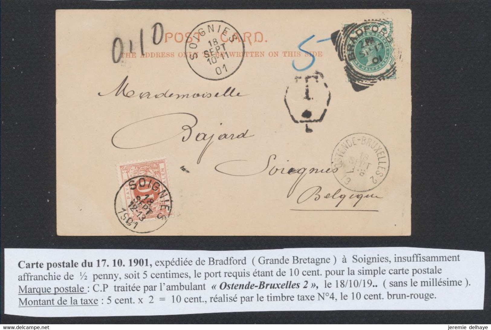 CP étrangère (Grande Bretagne, 1901) De Bradford > Soignies + Cachet Ambulant "Ostende-Bruxelles 2" Et Taxé à 10ctm - Autres & Non Classés