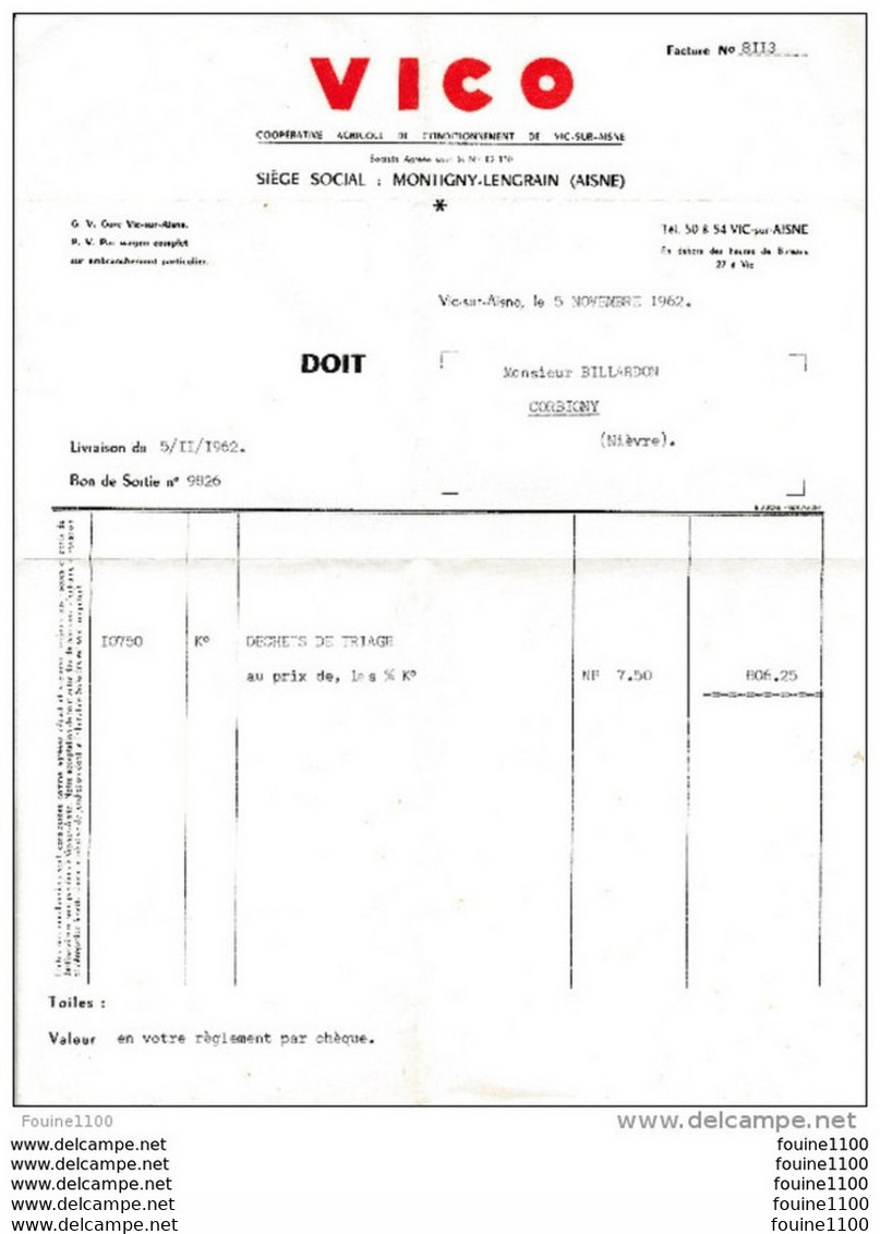 Facture De VICO à VIC SUR AISNE  ( Siège Social à Montigny Lengrain ) 1962 ( Recto Verso ) - 1950 - ...