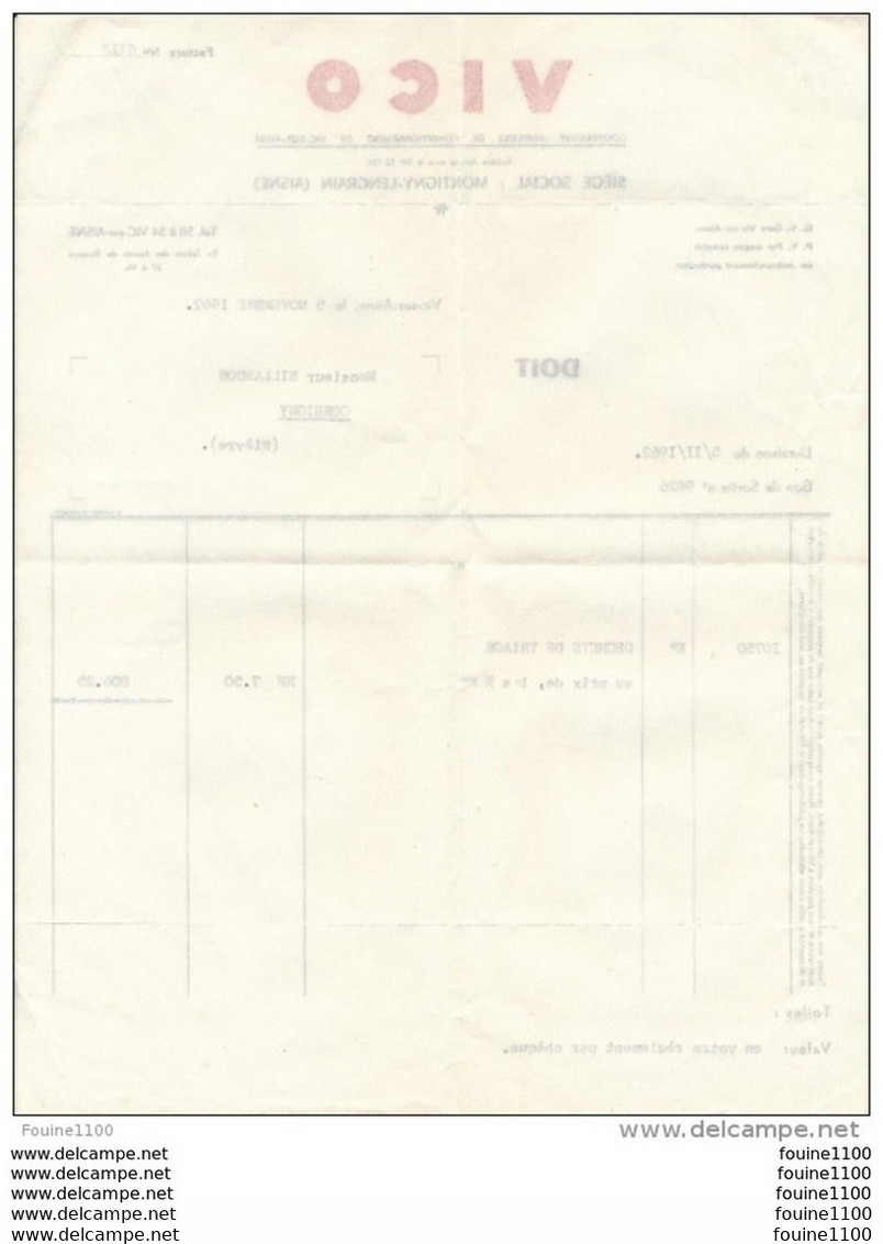 Facture De VICO à VIC SUR AISNE  ( Siège Social à Montigny Lengrain ) 1962 ( Recto Verso ) - 1950 - ...