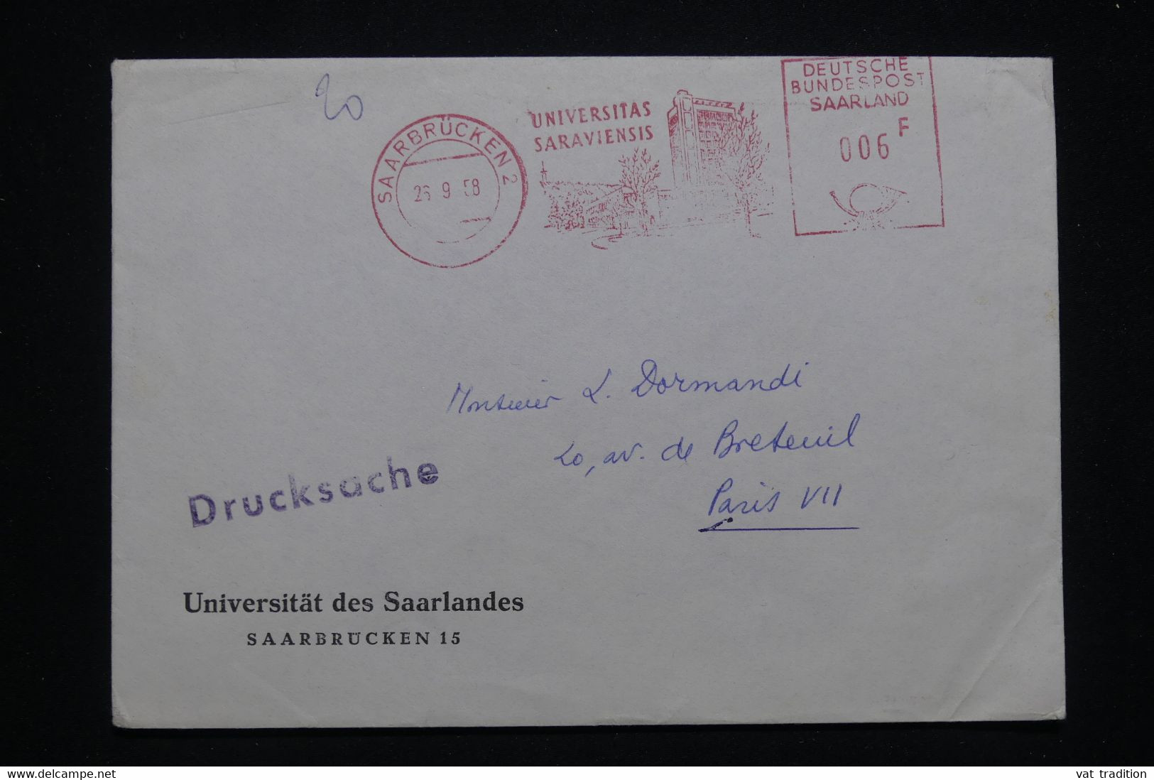 SARRE - Enveloppe De L 'Université De Saarbrücken En 1958 Pour Paris, Affranchissement Mécanique - L 96180 - Cartas & Documentos