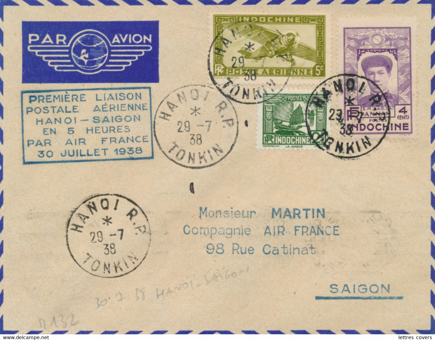 PREMIER VOL HANOI SAIGON 30/7/38 AIR FRANCE LETTRE HANOI TONKIN INDOCHINE MULLER 132 - FFC LIAISON POSTALE - Airmail