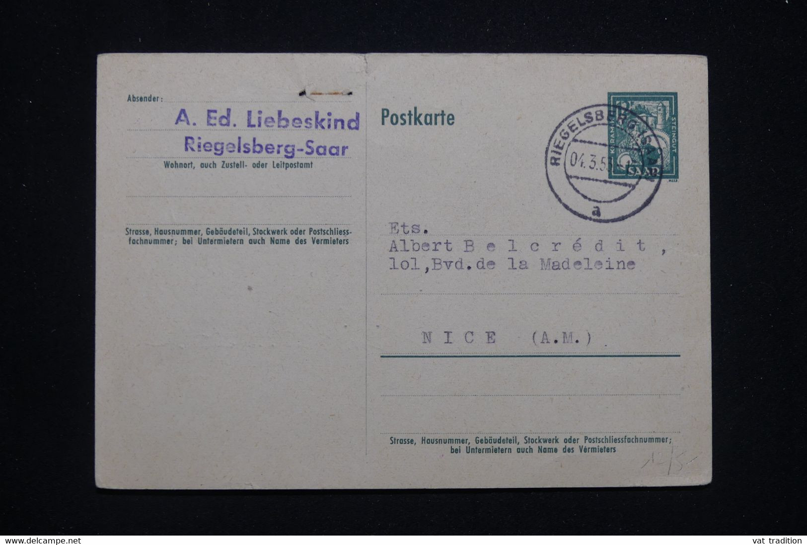 SARRE - Entier Postal De Riegelsberg Pour Nice En 1953 - L 96204 - Enteros Postales