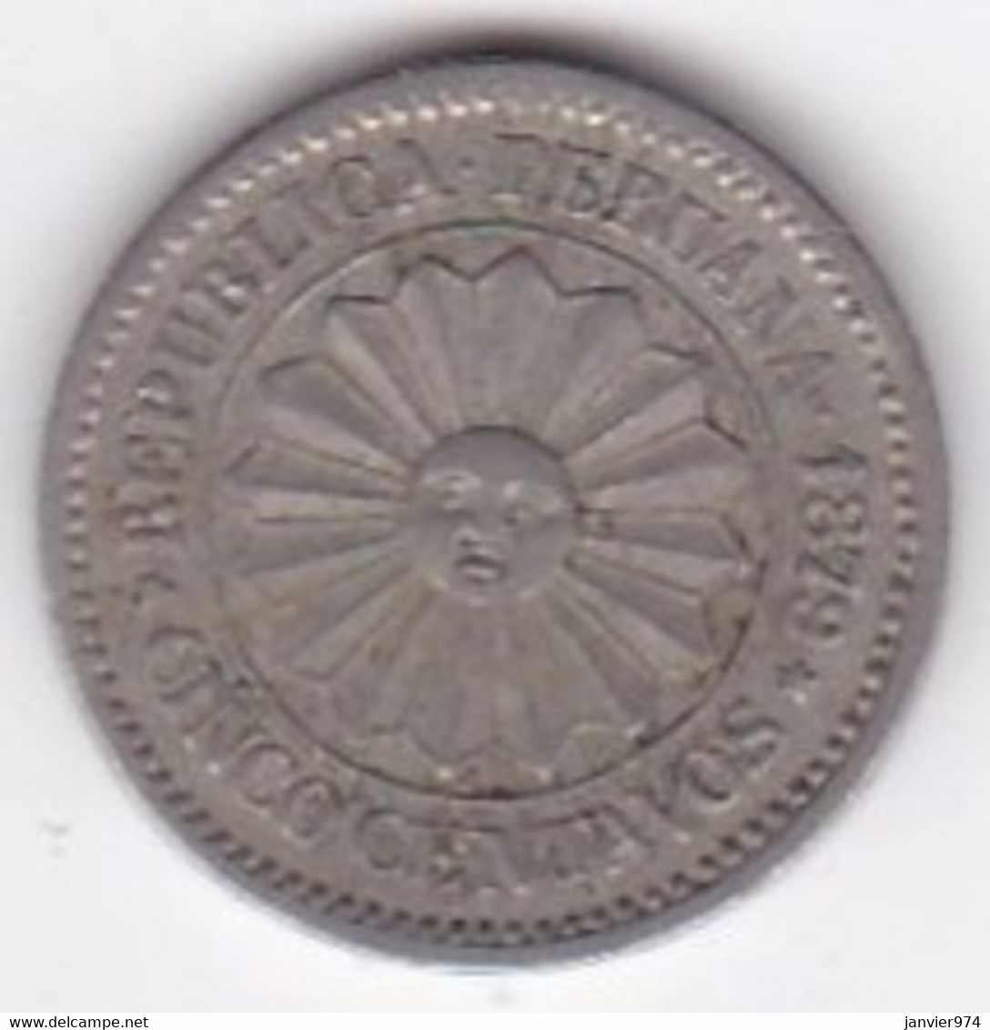 Perou 5 Centavos 1879 Monnaie Provisoire En Cupronickel KM# 197 - Peru
