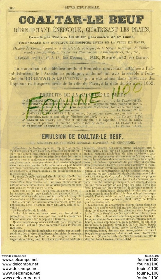 Société Général Vinicole AVIGDOR Frères BORDEAUX Tarifs Vins 1863 Désinfectant Coaltar Le Beuf Pharmacien Bayonne Paris - Reclame