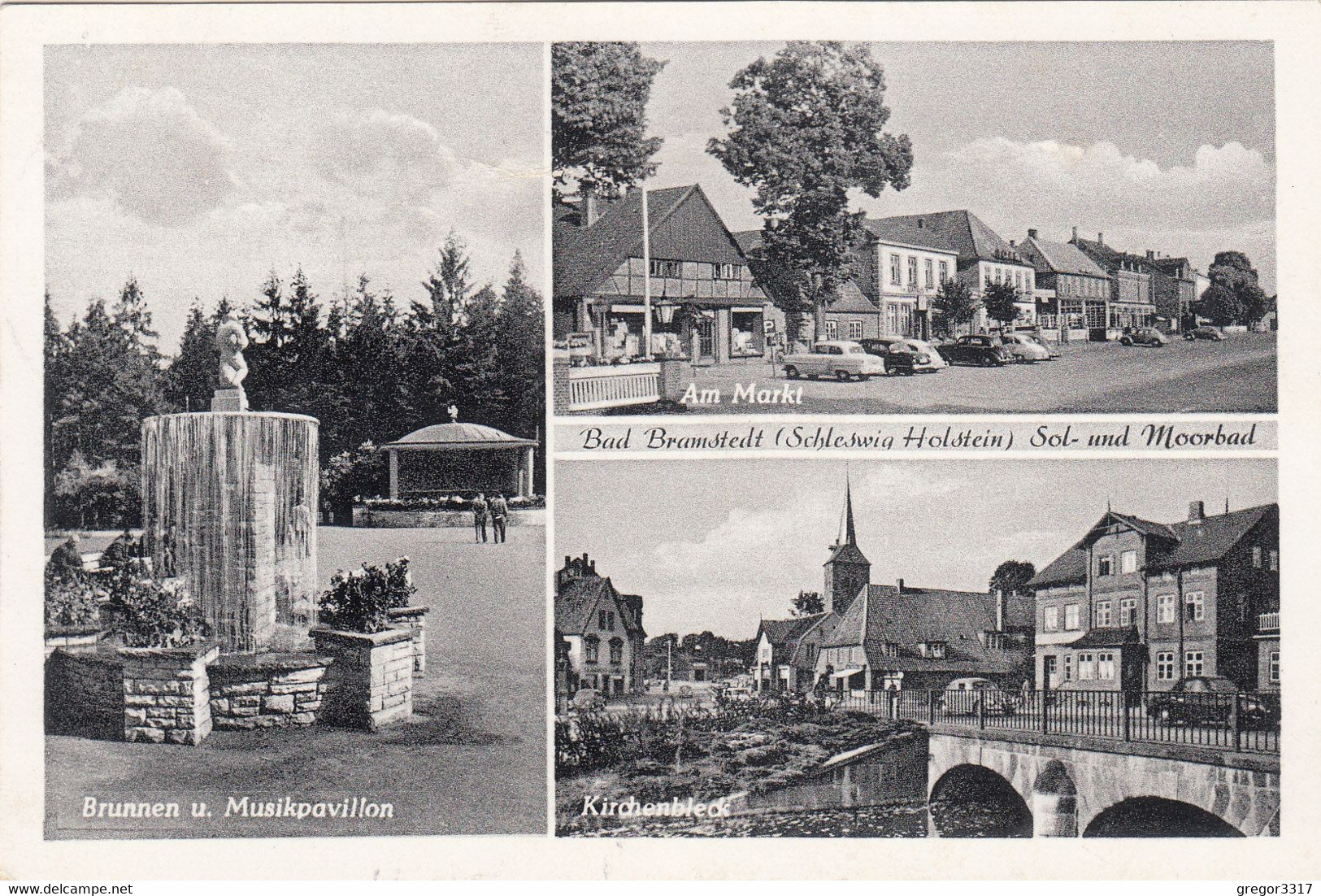 3570) BAD BRAMSTEDT - Schleswig Holstein - Tolle DREIBILD AK Markt - Autots Kirchebleck - Musikpavillon ALT 25.9.1955 - Bad Bramstedt