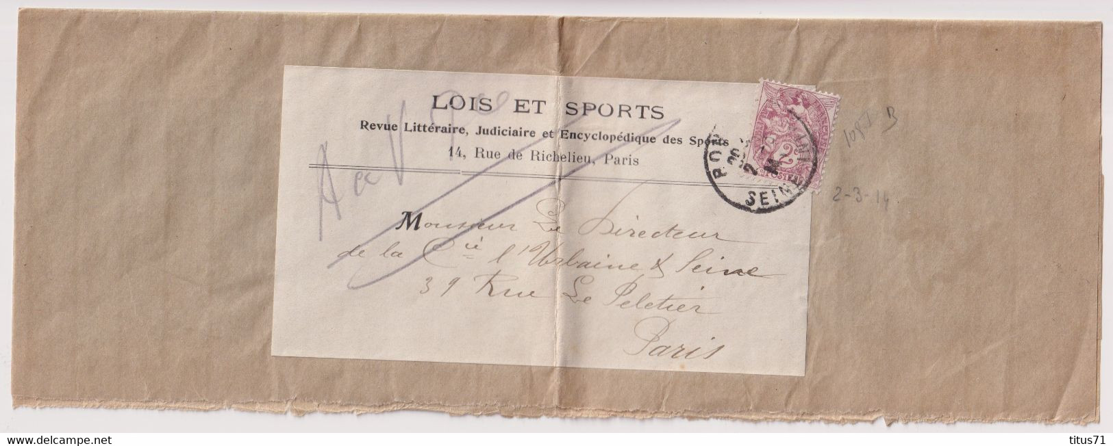 Bande De Journal Timbre 2 Centimes Sage - Journal Lois Et Sports - Circulée 1914 - Zeitungsmarken (Streifbänder)