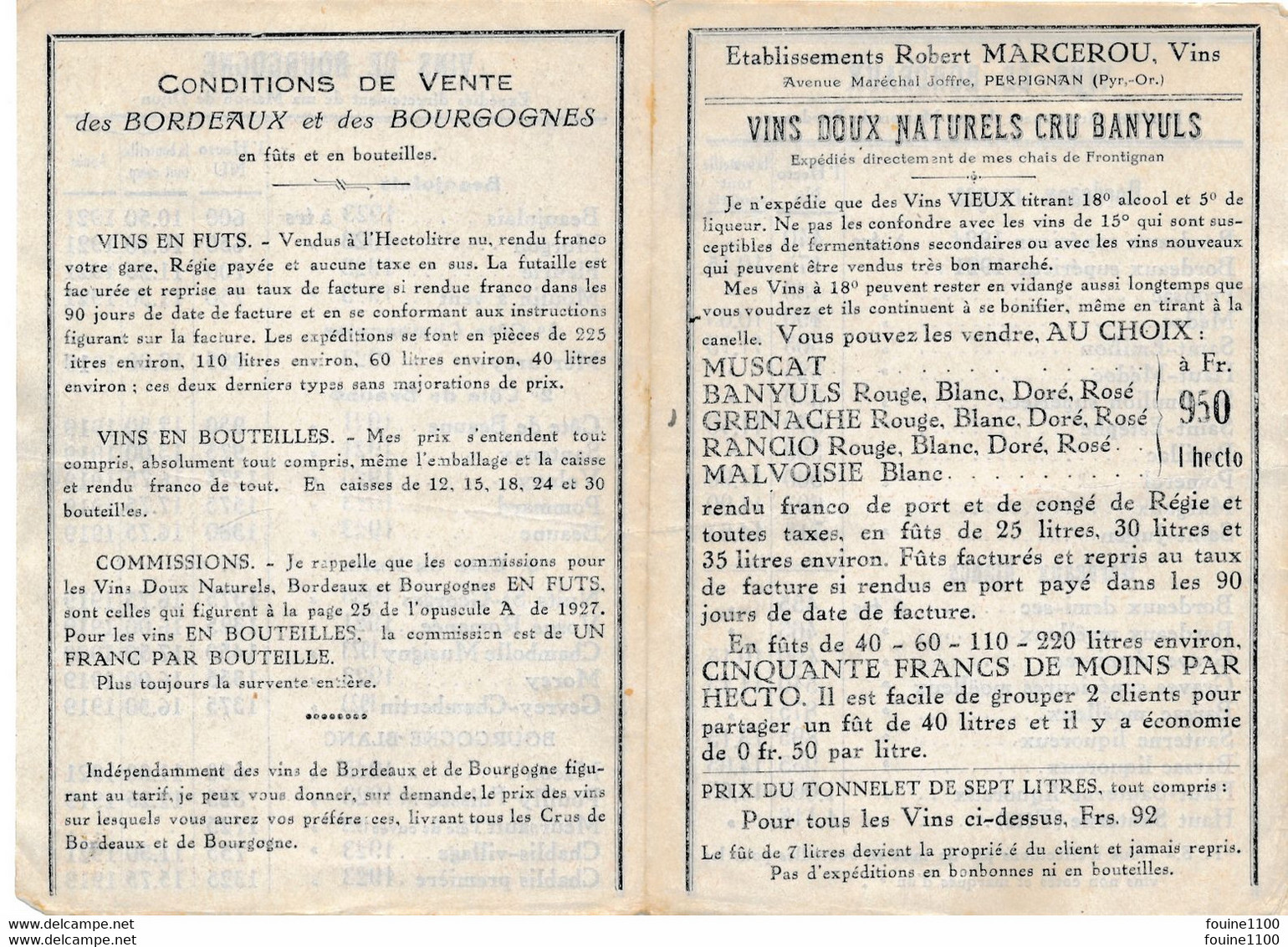 livret publicitaire + tarif des VINS ROBERT MARCEROU avenue maréchal joffre à PERPIGNAN ( entièrement scanné )