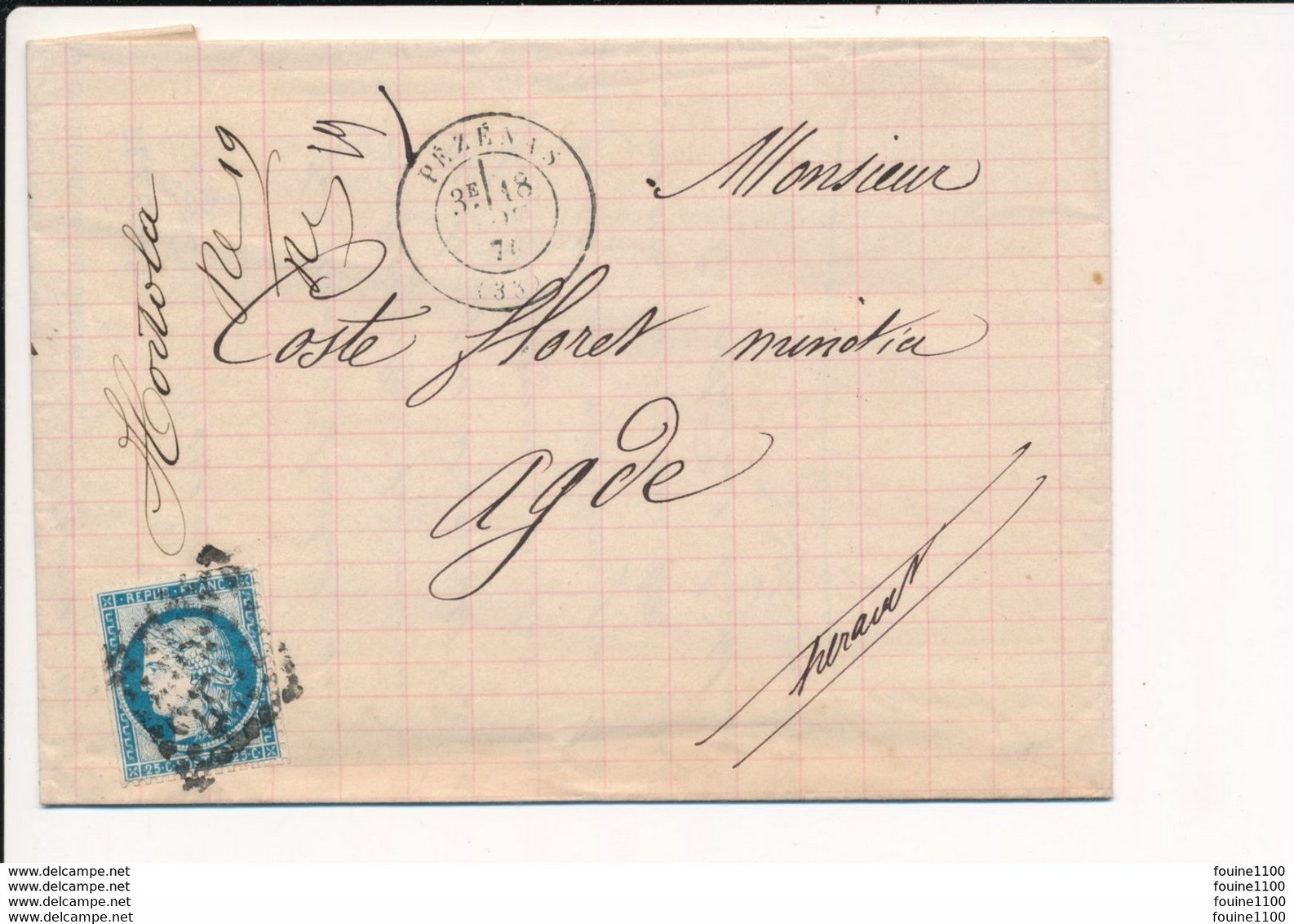 Ancien Courrier Année 1874 Pour COSTE FLORET Minotier à AGDE 34 Envoyée De HORTOLA Représentant De Commerce à PEZENAS - 1871-1875 Ceres