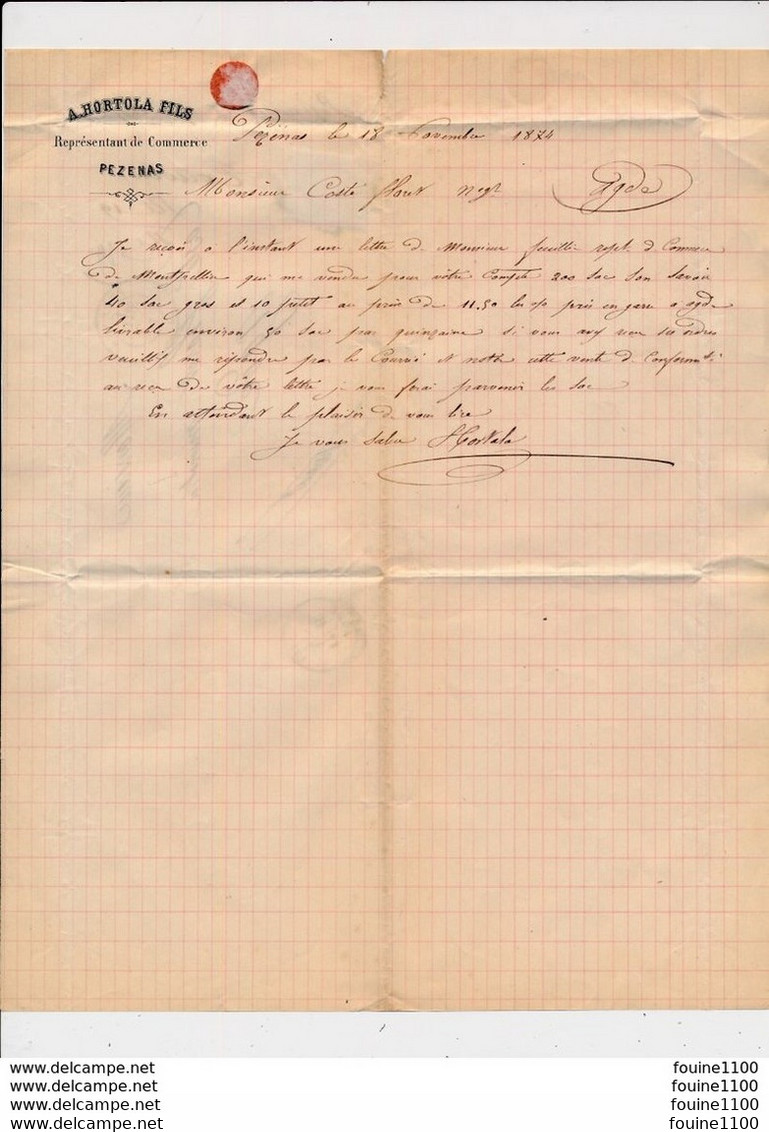 Ancien Courrier Année 1874 Pour COSTE FLORET Minotier à AGDE 34 Envoyée De HORTOLA Représentant De Commerce à PEZENAS - 1871-1875 Ceres