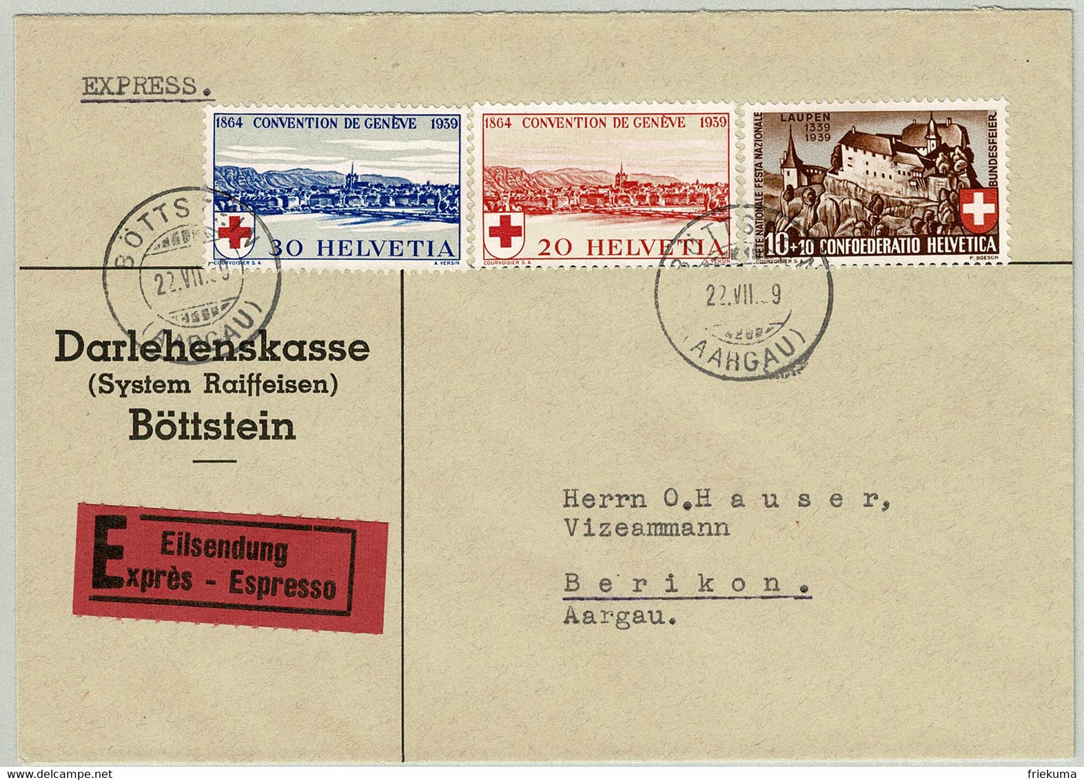 Schweiz 1939, Sondermarken Rotes Kreuz Und Pro Patria Schloss Laupen, Express-Brief Böttstein - Berikon, Red Cross - Briefe U. Dokumente