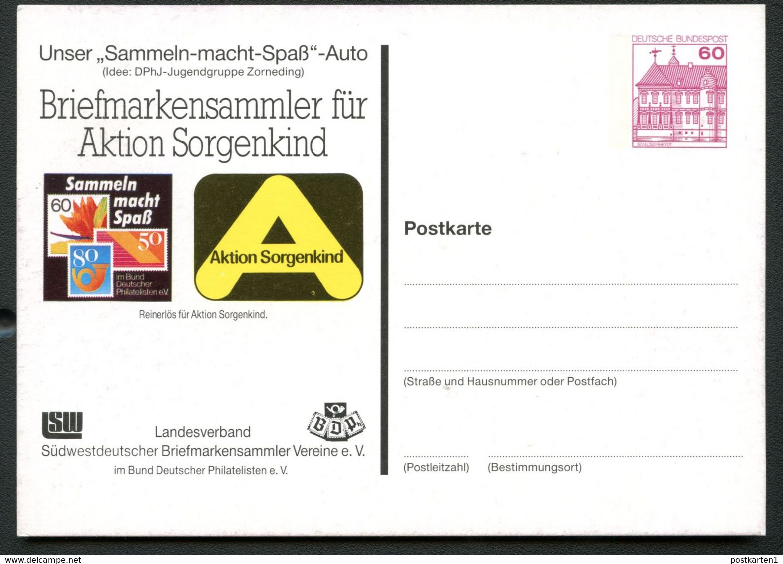 Bund PP106 B1/012-1 Aktion Sorgenkind ERSTES BRIEFMARKENAUTO Sindelfingen 1987 - Privé Postkaarten - Ongebruikt