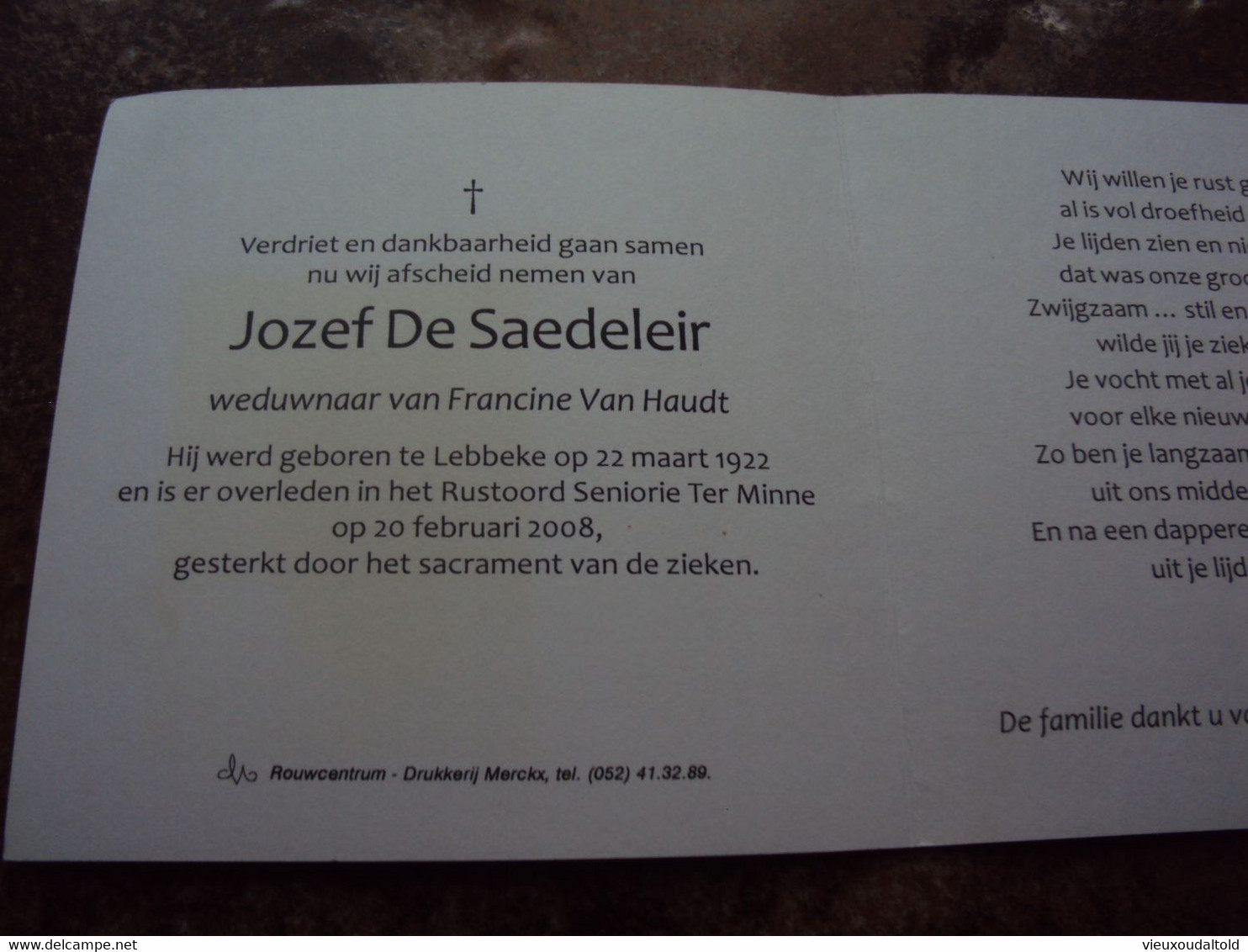 Doodsprentje/bidprentje  Jozef De Saedeleir (Wedr Francine Van Haudt) Lebbeke 1922 - 2008 - Religione & Esoterismo