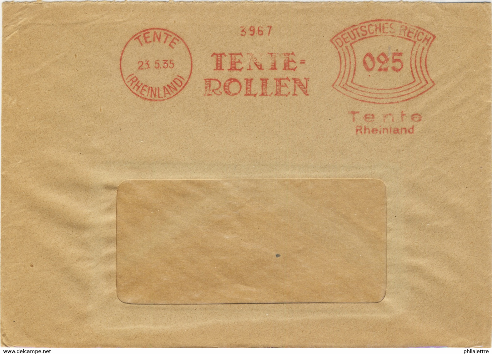 ALLEMAGNE / DEUTSCHLAND - 1935 Firmen Freistempel "TENTE-ROLLEN" TENTE (Rheinland) Auf Umschlag - Lettres & Documents