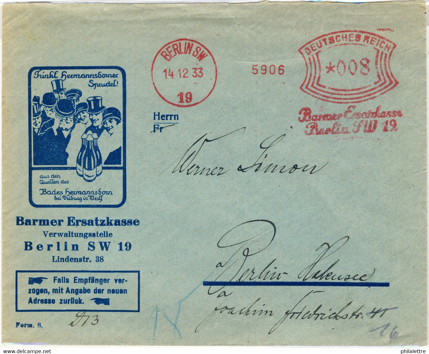 ALLEMAGNE / DEUTSCHLAND - 1933 Firmen Freistempel " Barmer Ersatzkasse / Berlin SW12 " Auf Illustriertem Umschlag - Storia Postale