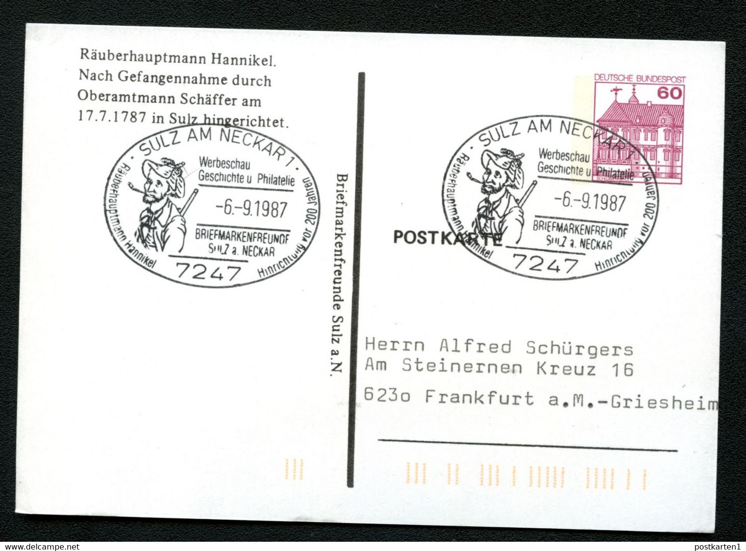 Bund PP106 B2/059 RÄUBERHAUPTMANN HANNIKEL Sost. Sulz 1987 - Privatpostkarten - Gebraucht