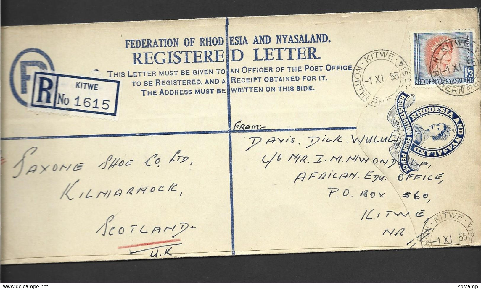 Rhodesia & Nyasaland 1955 Uprated QEII 4d Blue Registered Envelope Used Kitwe To Scotland - Rhodesien & Nyasaland (1954-1963)