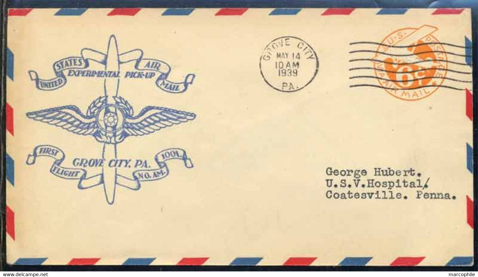 USA - GROVE CITY ==> COATESVILLE /1939 ENVELOPPE PREMIER VOL ILLUSTREE - FFC (ref 8242p) - Storia Postale