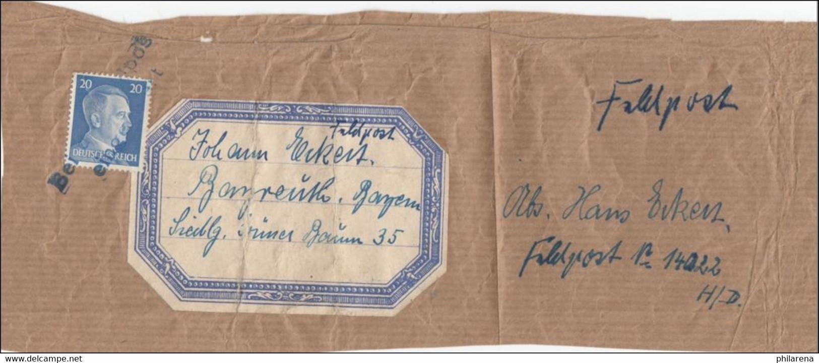 Feldpost: Paketausschnitt Bayreuth, Stempel: Bei Feldpost Eingelierfert, 14 022 - Occupation 1938-45