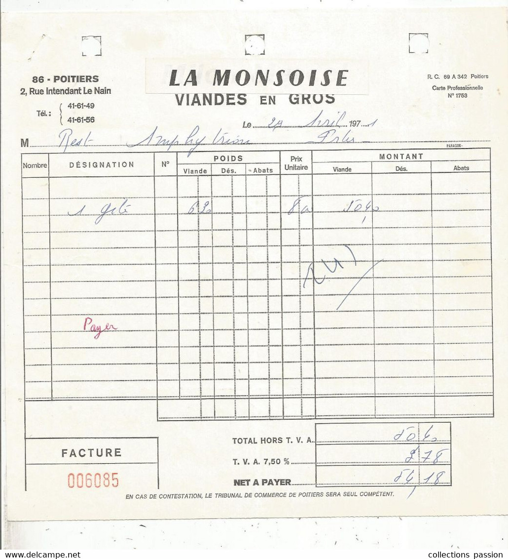 Facture ,LA MONSOISE , Viande En Gros ,86 ,POITIERS , 1971, Frais Fr 1.65 E - Alimentos