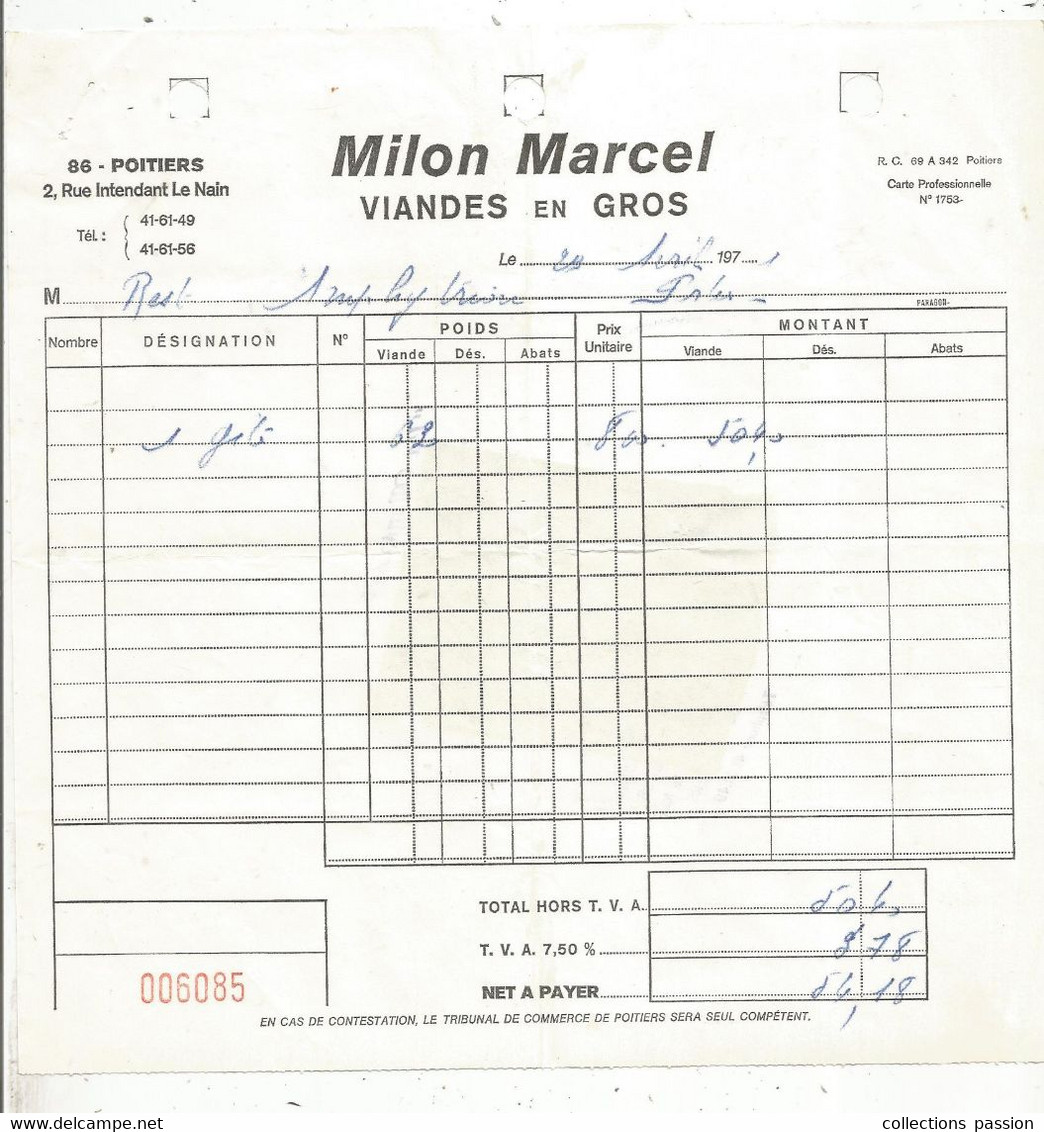 Facture , MILLON MARCEL , Viande En Gros ,86 ,POITIERS , 1971, 2 Scans , Congé Viande , 2 E Circuit , Frais Fr 1.65 E - Alimentare