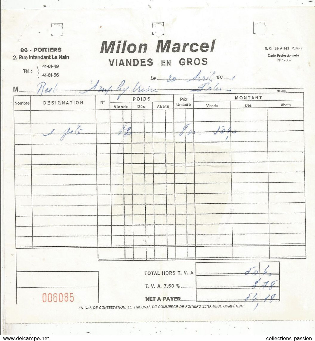 Facture , MILLON MARCEL , Viande En Gros ,86 ,POITIERS , 1971, 2 Scans , Congé Viande , 2 E Circuit , Frais Fr 1.65 E - Lebensmittel