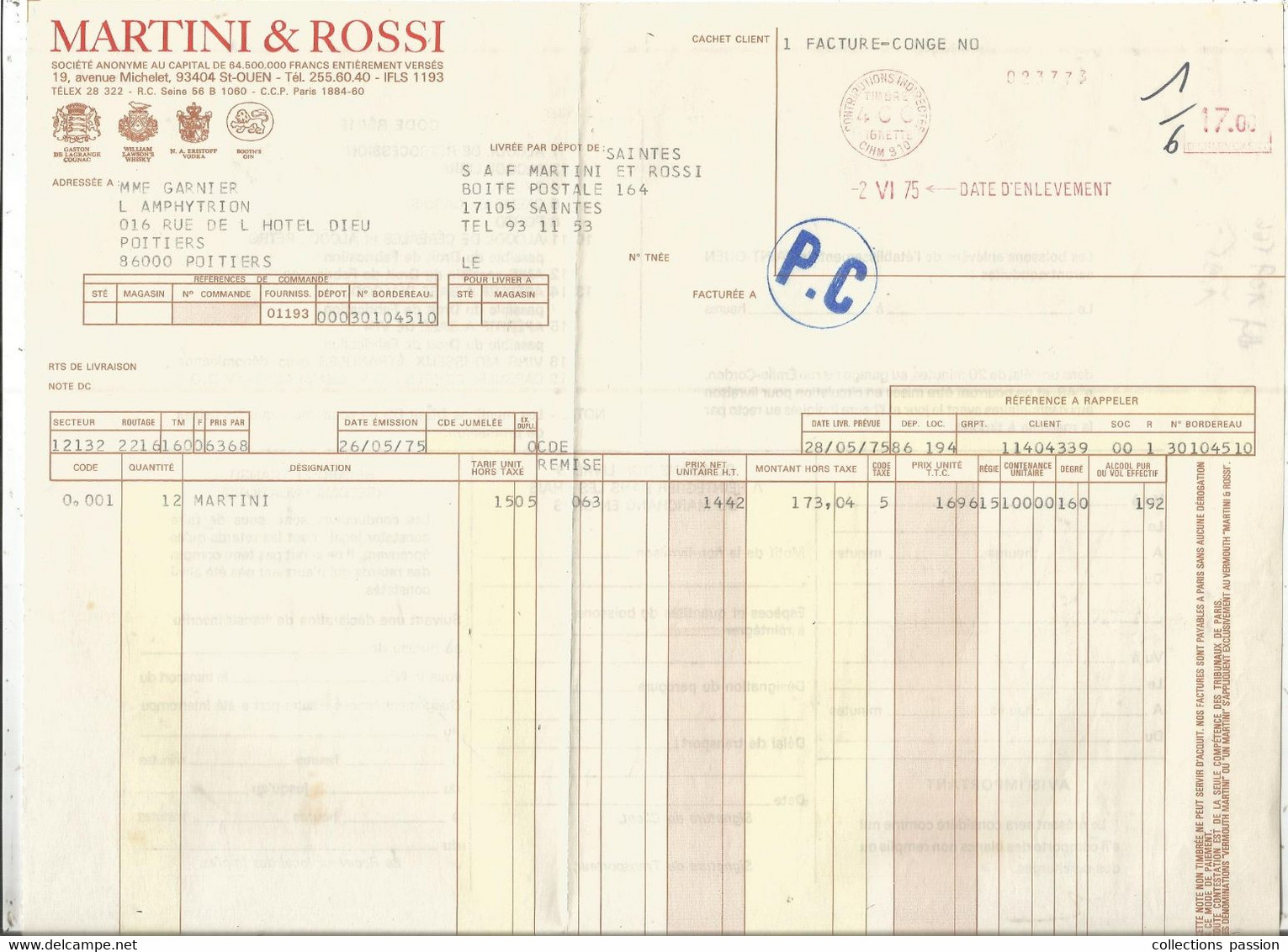 Facture , Alcool , MARTINI & ROSSI , 93 , SAINT OUEN , 1975 ,congé Contributions Indirectes , Frais Fr 1.85 E - Levensmiddelen