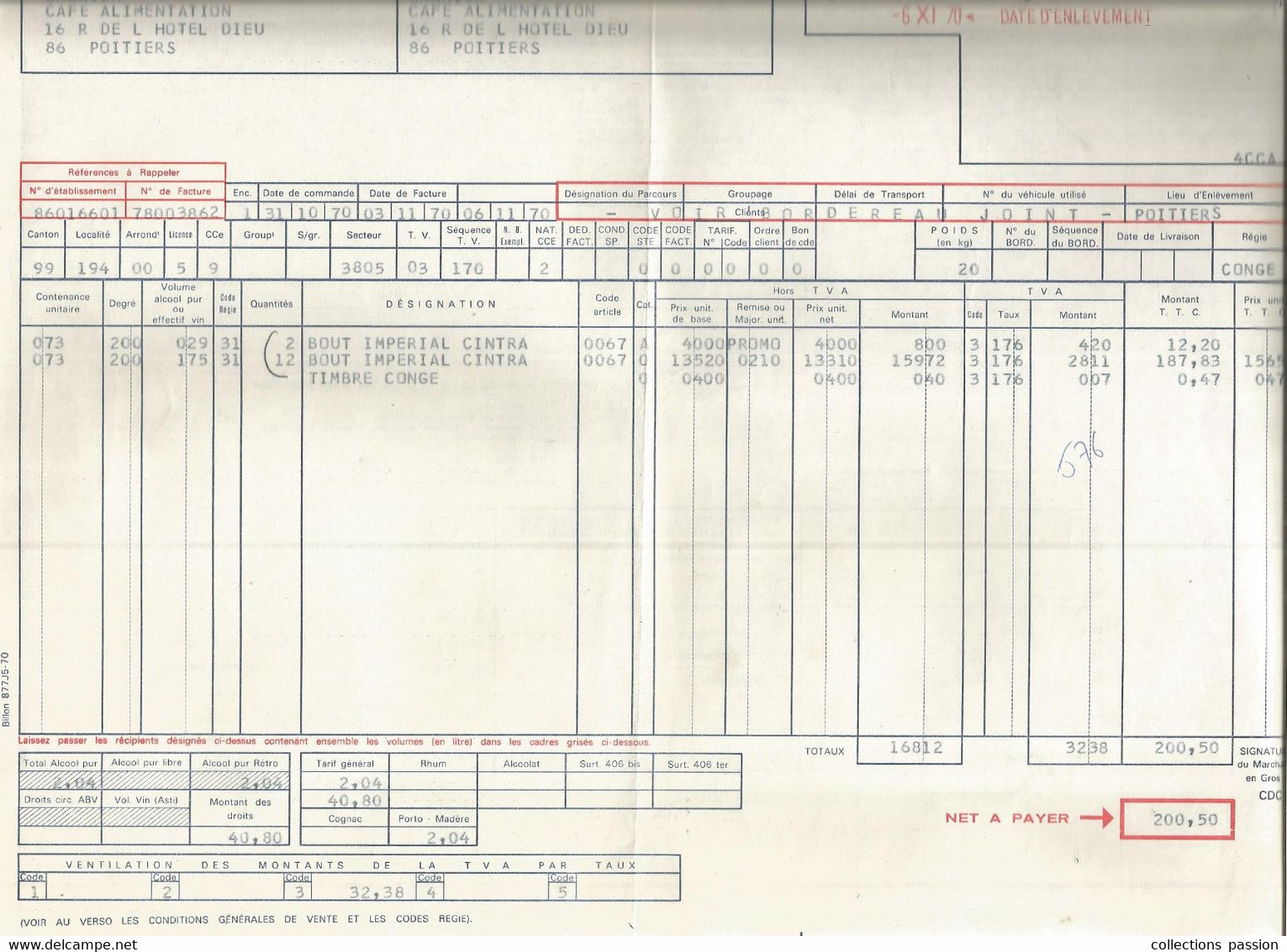 Facture , Alcool , CDC, Dubonnet , Cinzano , Byrrh , 1970 ,congé Contributions Indirectes , Frais Fr 1.85 E - Lebensmittel