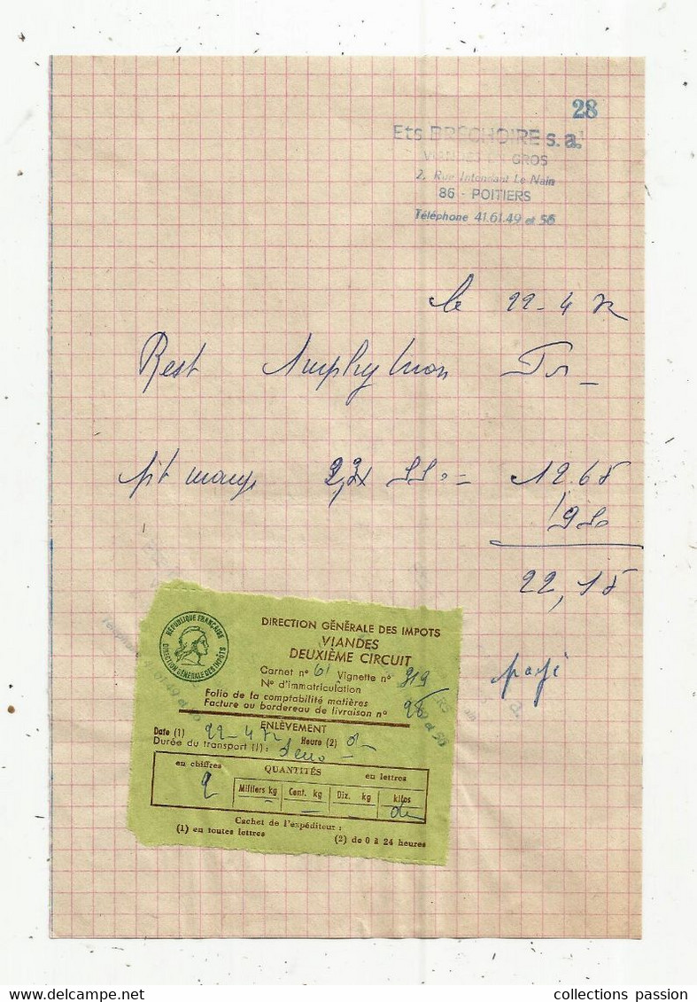 Facture , Ets BRECHOIRE , Viande En Gros ,86 ,POITIERS , 1972, Congé Viande , 2 E Circuit , Frais Fr 1.55 E - Alimentaire