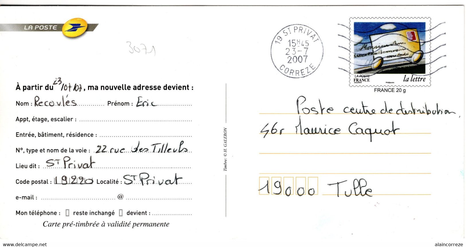 Entier Postal PAP Carte Prétimbrée De Service De La Poste Pour Informer Des Changements D'adresse De 2007 - Prêts-à-poster:  Autres (1995-...)