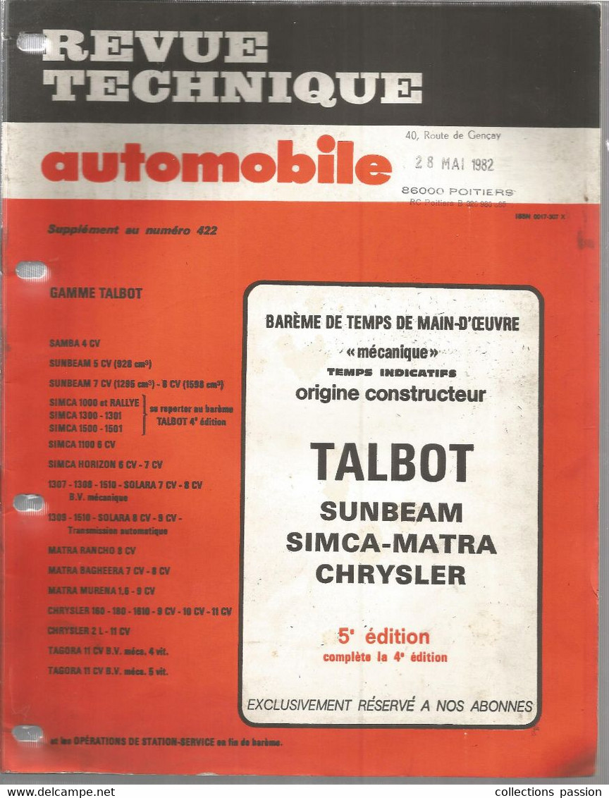 REVUE TECHNIQUE AUTOMOBILE , Supplément Au N° 422, Talbot Sumbeam Sinca-matra Chrysler , Frais Fr 3.35 E - Bricolage / Técnico