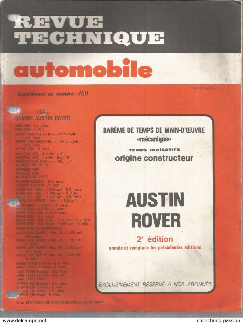REVUE TECHNIQUE AUTOMOBILE , Supplément Au N° 468,  AUSTIN-ROVER , Frais Fr 3.65e - Basteln