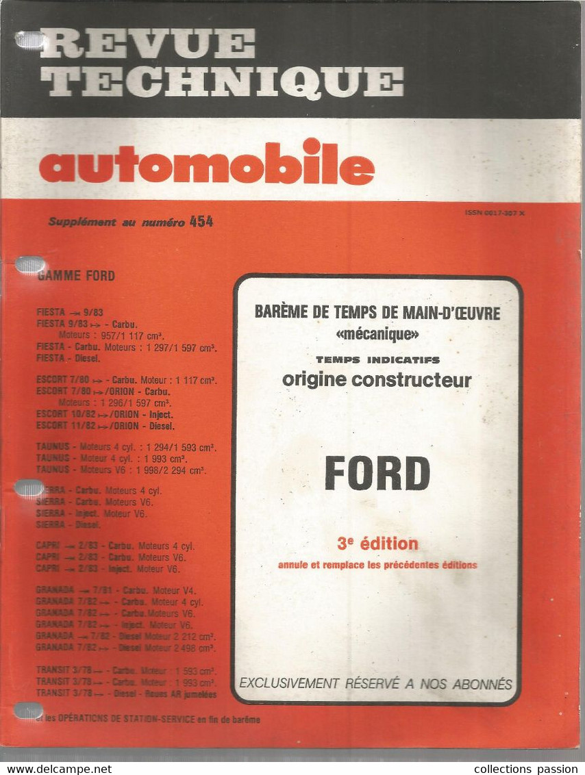 REVUE TECHNIQUE AUTOMOBILE , Supplément Au N° 454,  FORD, Frais Fr 3.35e - Do-it-yourself / Technical