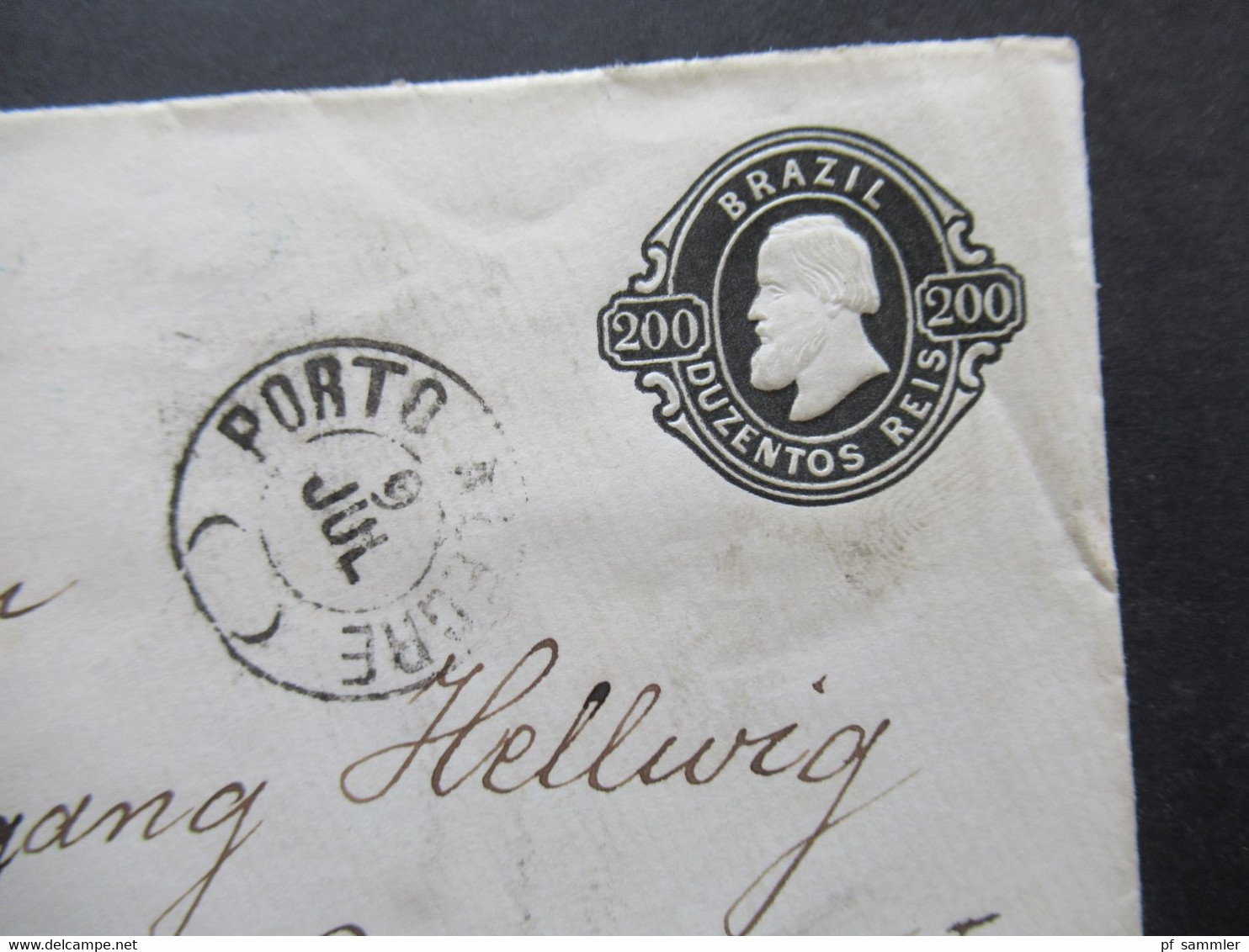 Brasilien 200 Reis 1884 Ganzsachen Umschlag Schiffspost Via Lisboa Au Bordeaux Nach Berlin Porto Alegre /insg. 5 Stempel - Briefe U. Dokumente