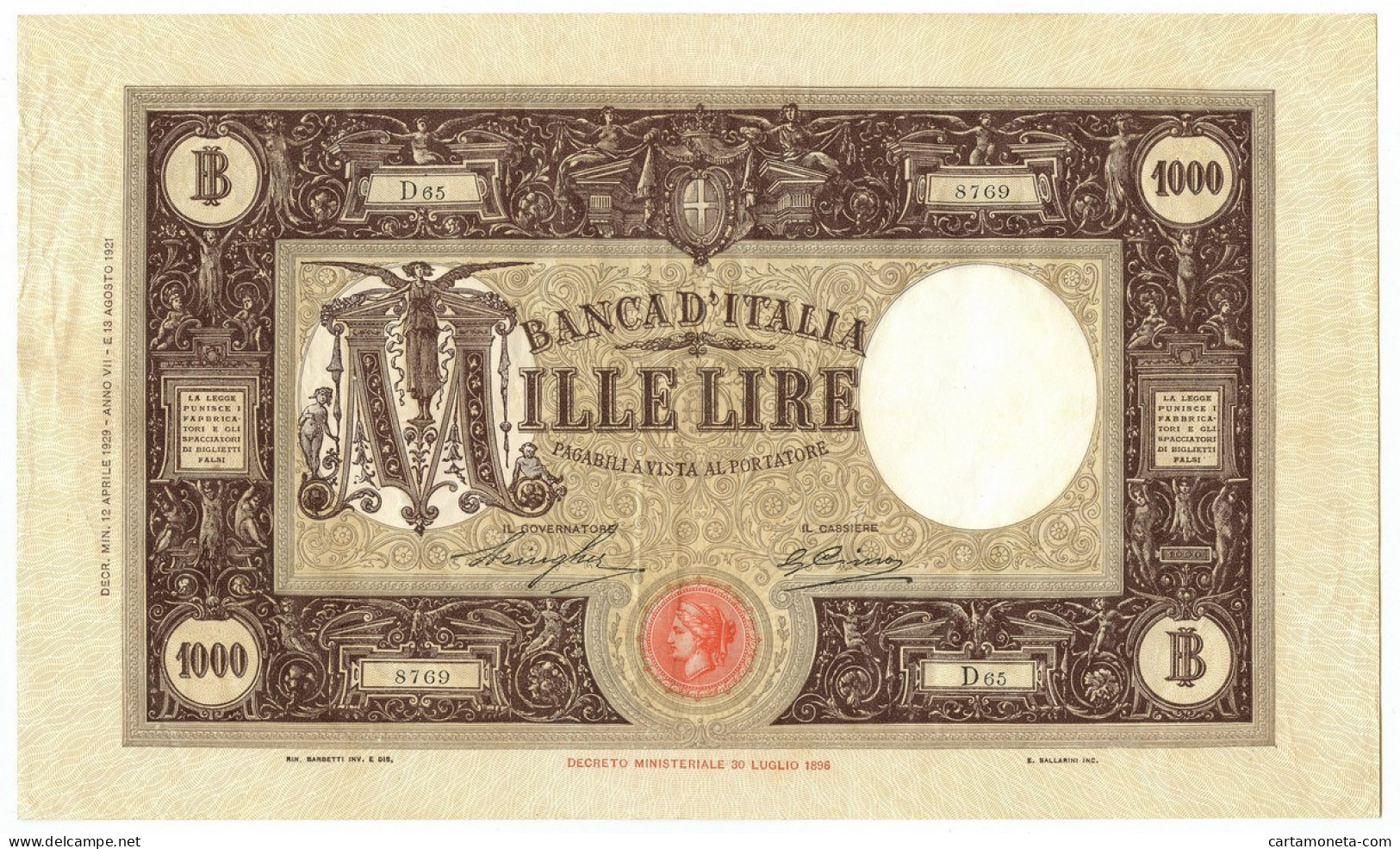 1000 LIRE BARBETTI GRANDE M TESTINA FASCIO I TIPO 12/04/1929 BB/SPL - Regno D'Italia – Other