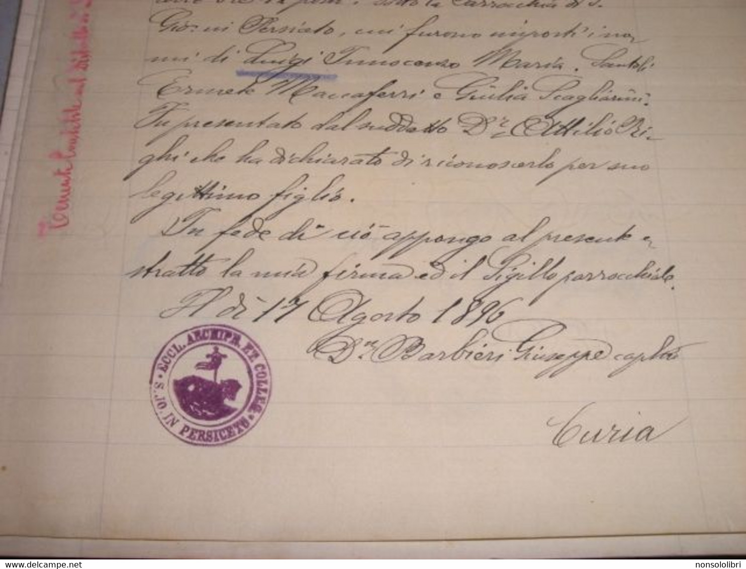 CERTIFICATO RILASCIATO DALLA BASILICA S.GIOVANNI IN PERSICETO 1896 SU CARTA BOLLATA C.50 - Steuermarken