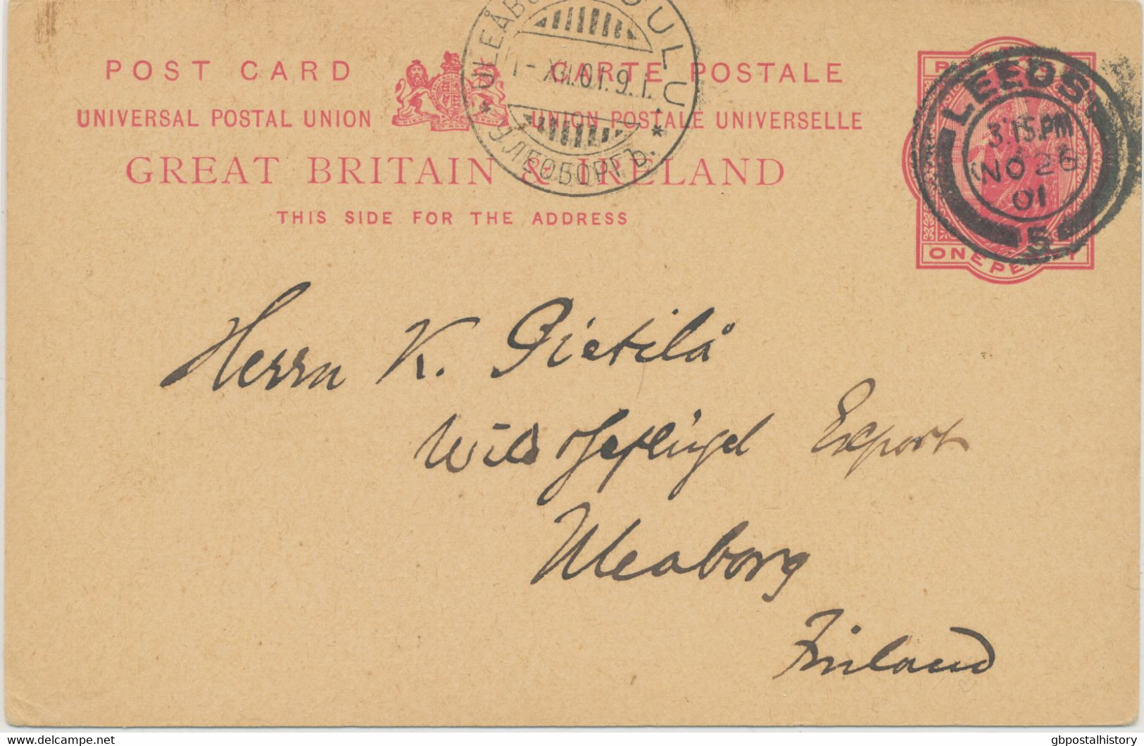 GB „LEEDS / 5“ Double Circle (25mm) On Superb QV 1d Carmine Postal Stationery Pc To FINLAND 1901, Uncommon Destination - Covers & Documents