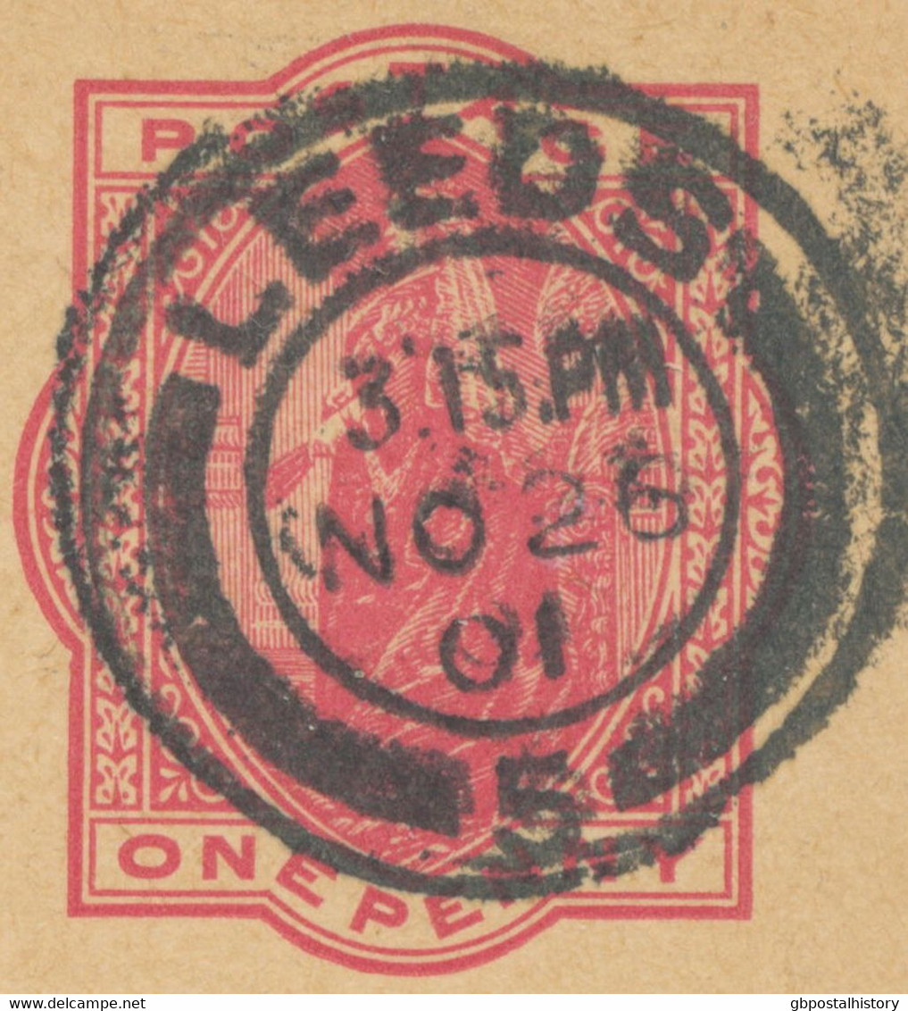 GB „LEEDS / 5“ Double Circle (25mm) On Superb QV 1d Carmine Postal Stationery Pc To FINLAND 1901, Uncommon Destination - Covers & Documents