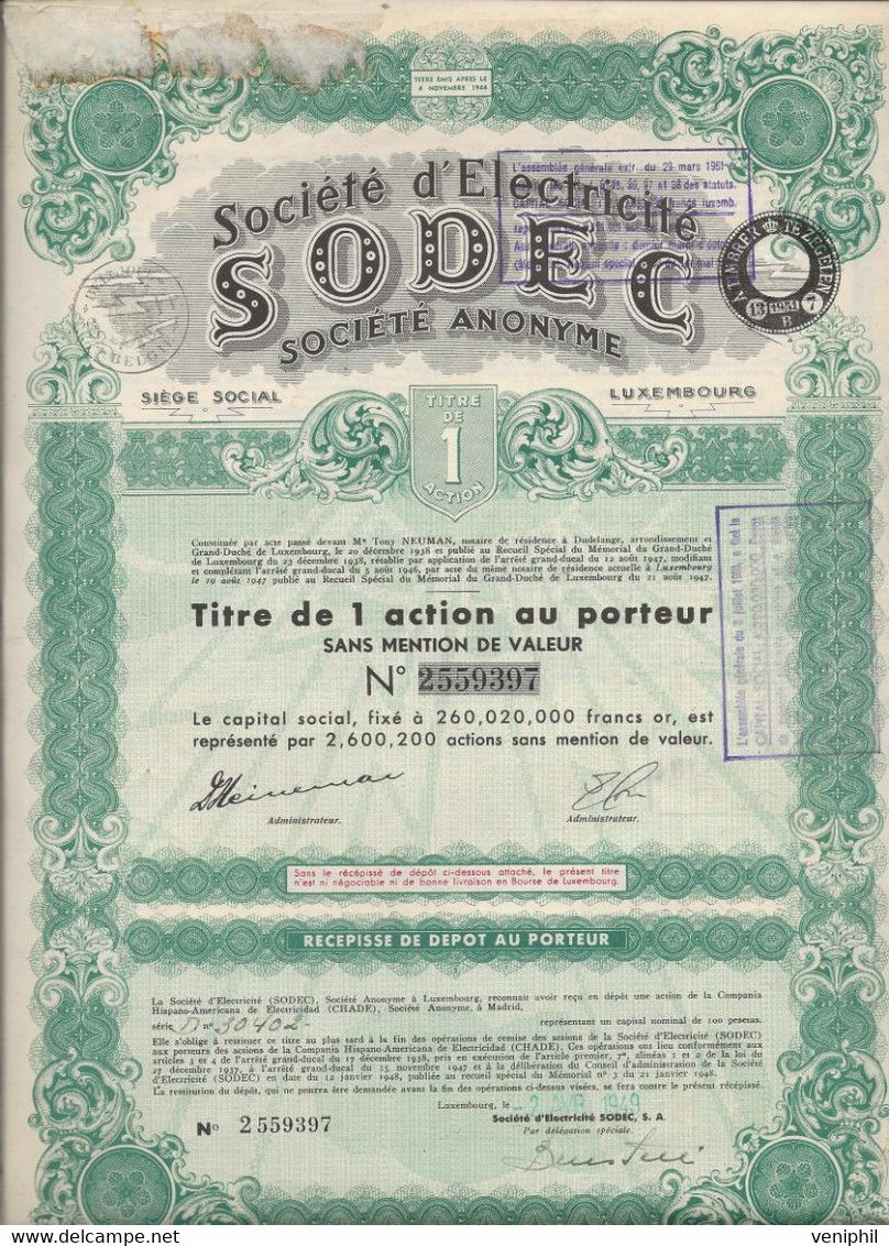 SOCIETE D'ELECTRICITE SODEC - LUXEMBOURG -  TITRE DE 1 ACTIONS  -ANNEE 1949 - Elettricità & Gas