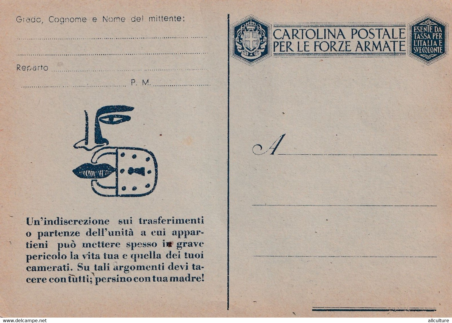 A4173- Cartolina Postale Per Le Forze Armate, Esente Da Tassa Per L;Italia E Sve Colonie Postcard - Storia Postale