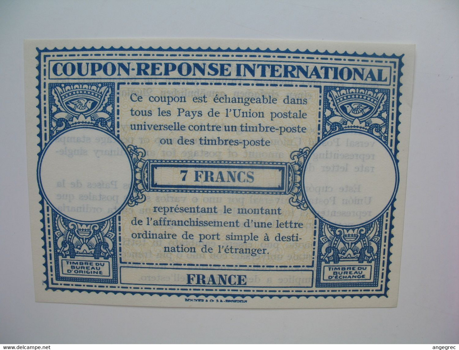 Coupon-Réponse International De 7 Francs - Coupons-réponse