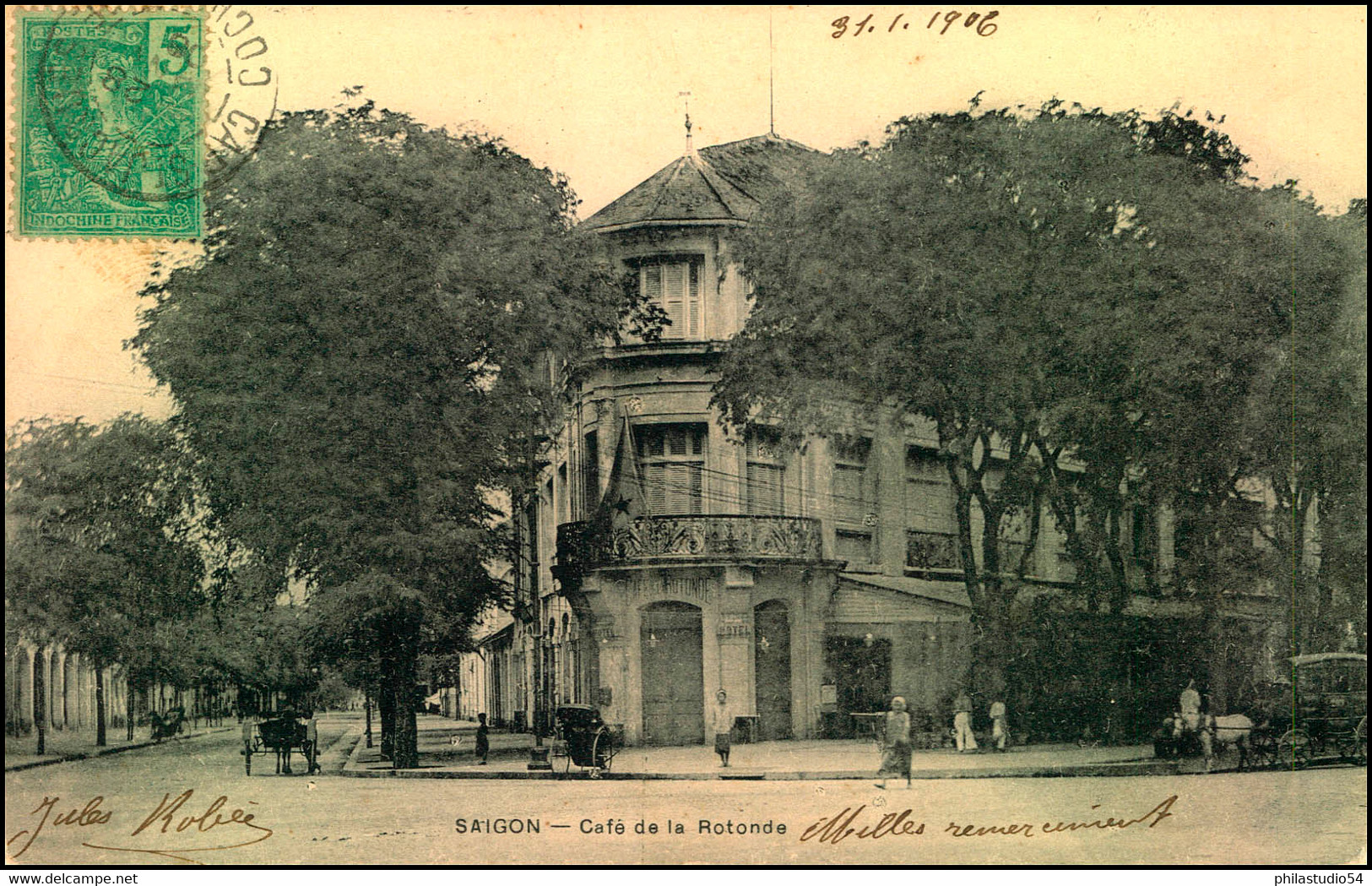 1906, Picture Card Showing "Saigon, Cafe De La Rotonde" Sent From CAP St: JAQUES To Uruguay. - Covers & Documents