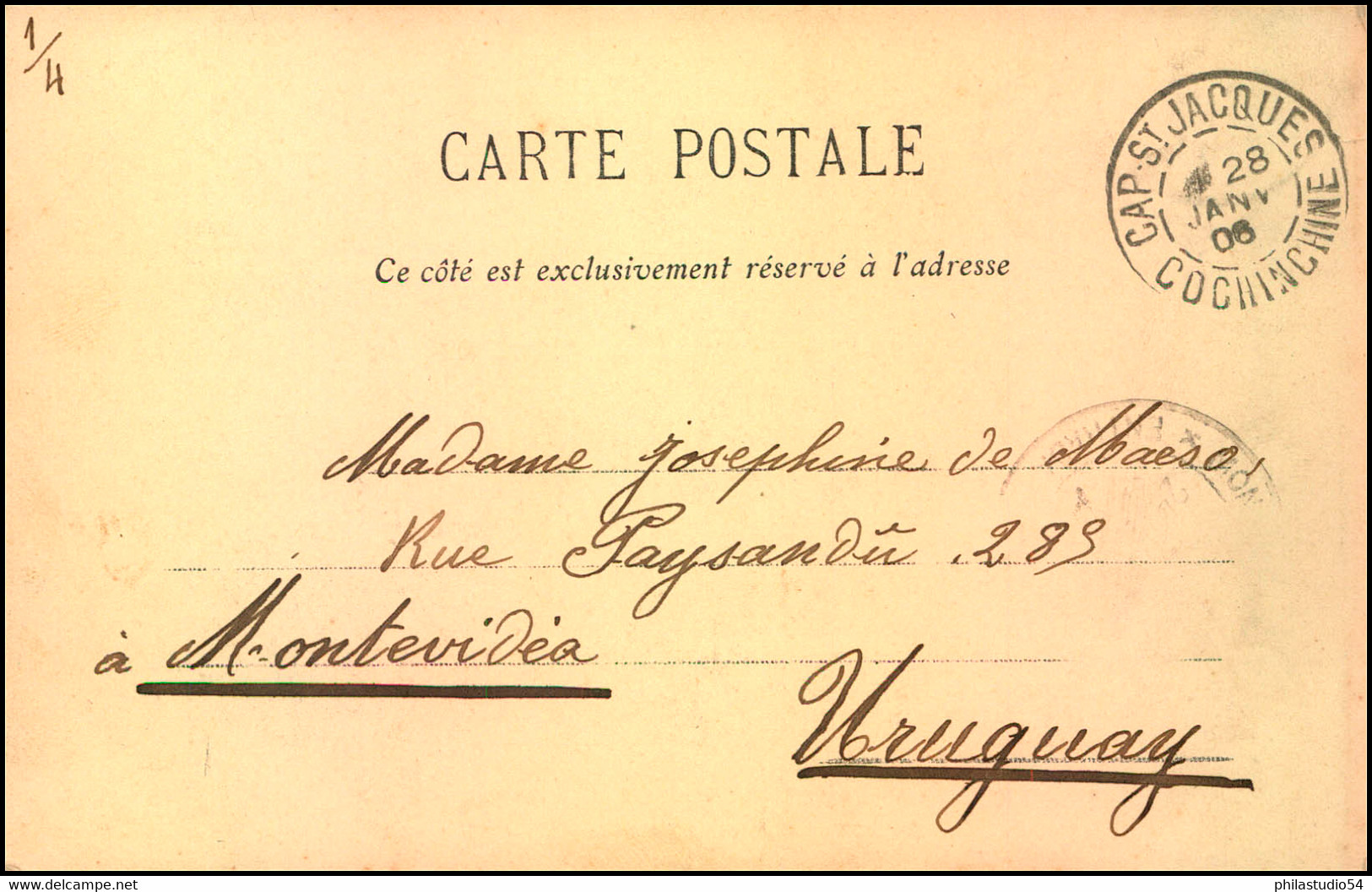 1906, Picture Card Showing "Saigon, Cafe De La Rotonde" Sent From CAP St: JAQUES To Uruguay. - Storia Postale