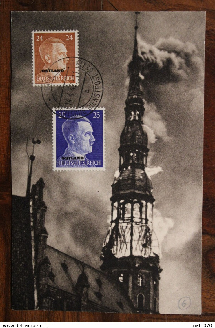 Cpa AK 1942 Ostland Deutsche Dienstpost RIGA St Petrikirche Von Bolschewiken Angezündete Reich Lettonie Lettland - Occupation 1938-45