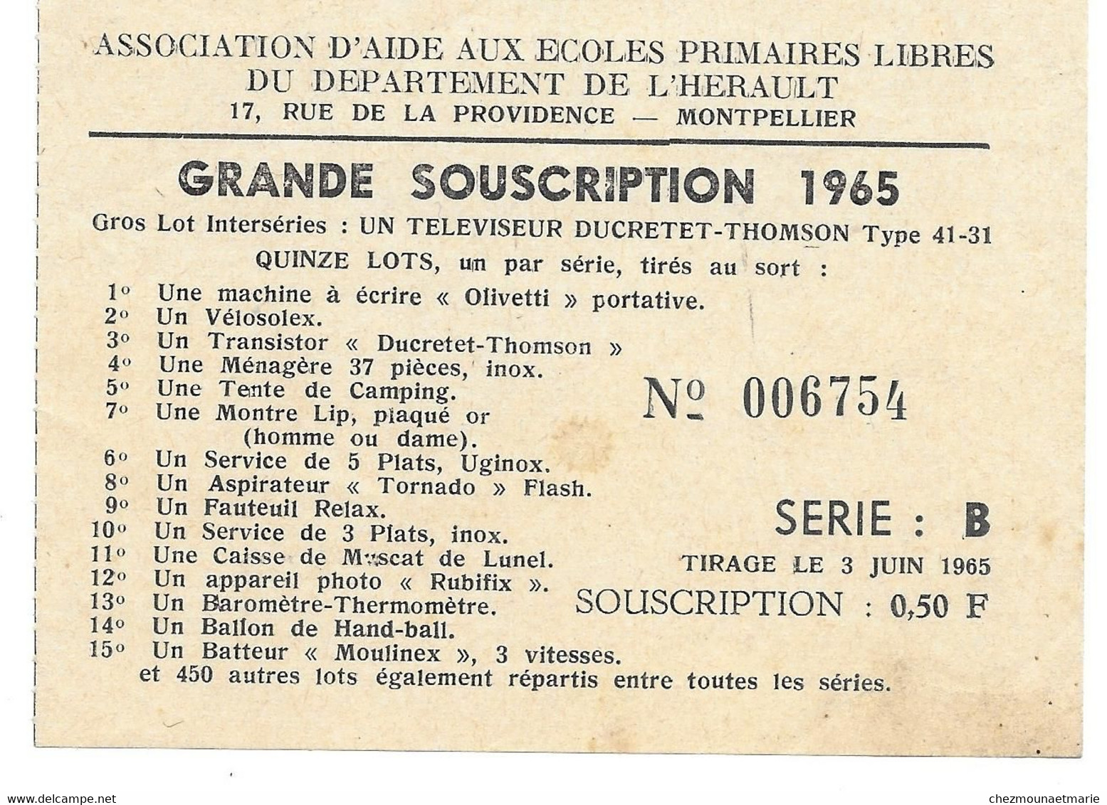 1965 HERAULT - SOUSCRIPTION ASSOCIATION D AIDE AUX ECOLES PRIMAIRES LIBRES - MONTPELLIER - Documents Historiques